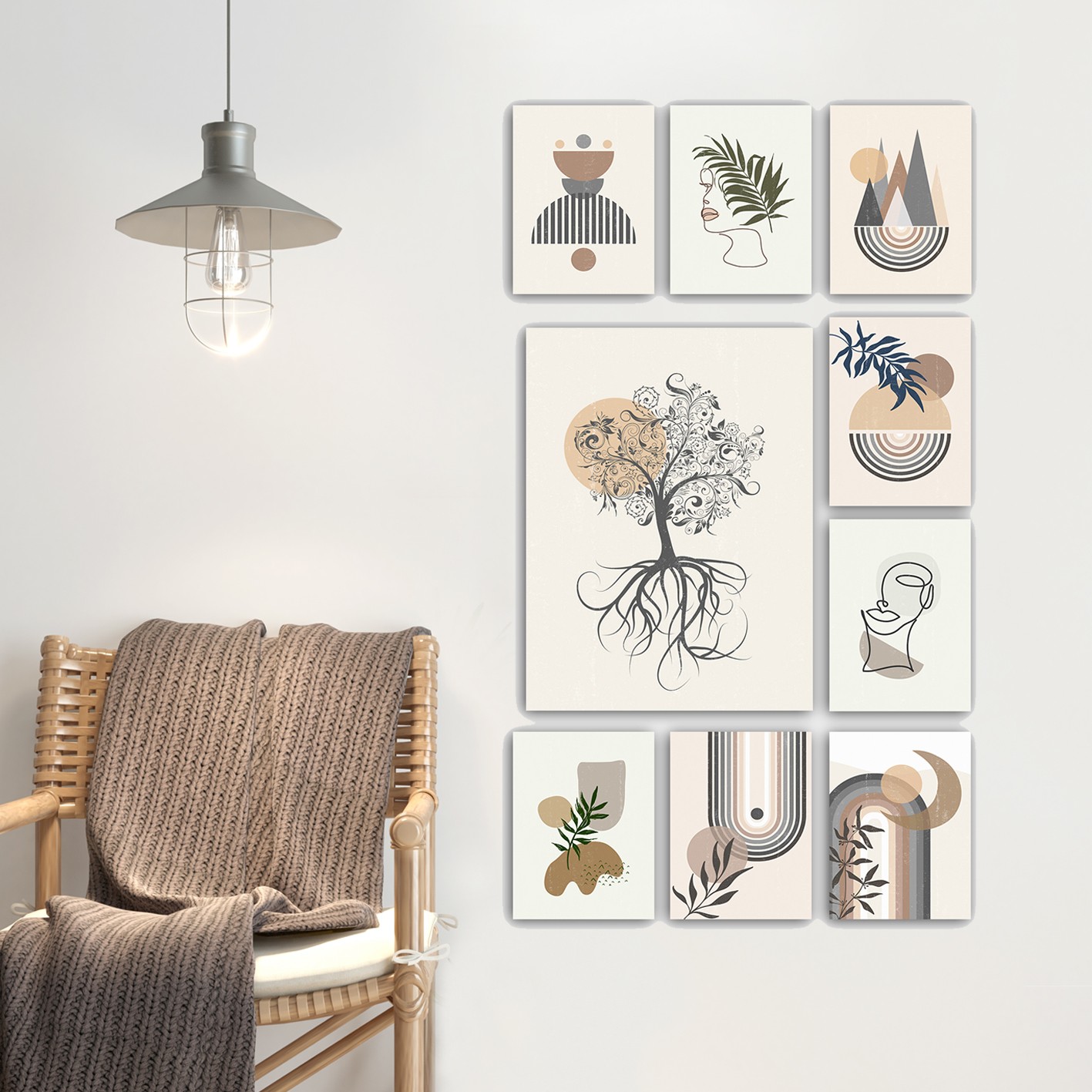 Lot de 9 tableaux Aranea L20xH15cm Motif Boho abstrait, nature Beige et Gris