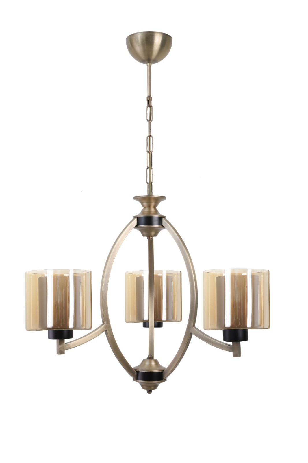 Lustre arcs 3 lampes cylindres Inky verre Ambré et Métal Or antique