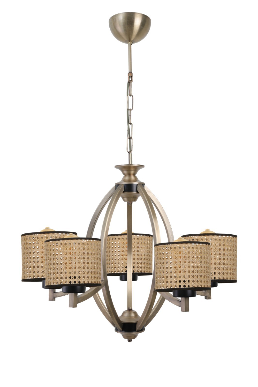 Lustre arcs 5 lampes Neuteral Métal Or et Cannage Osier