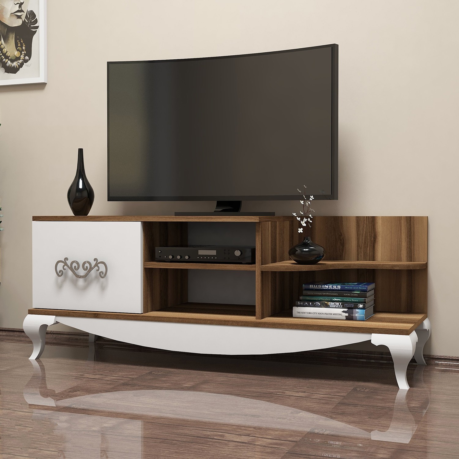 Meuble TV 1 porte et 4 étagères Belo 130cm Bois et Blanc