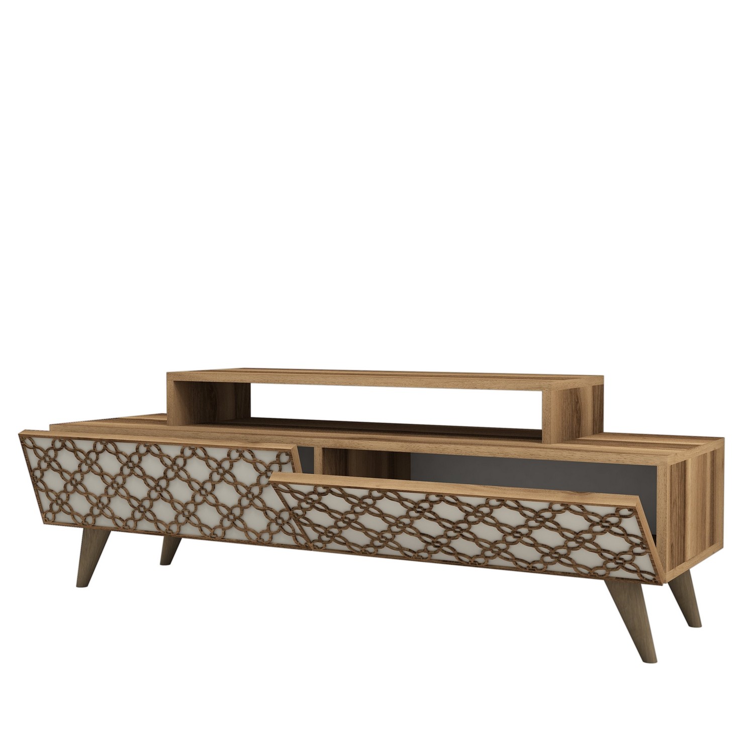 Meuble TV 2 portes basculante Dives L140cm Bois Motif Arabesque Blanc crème et Naturel