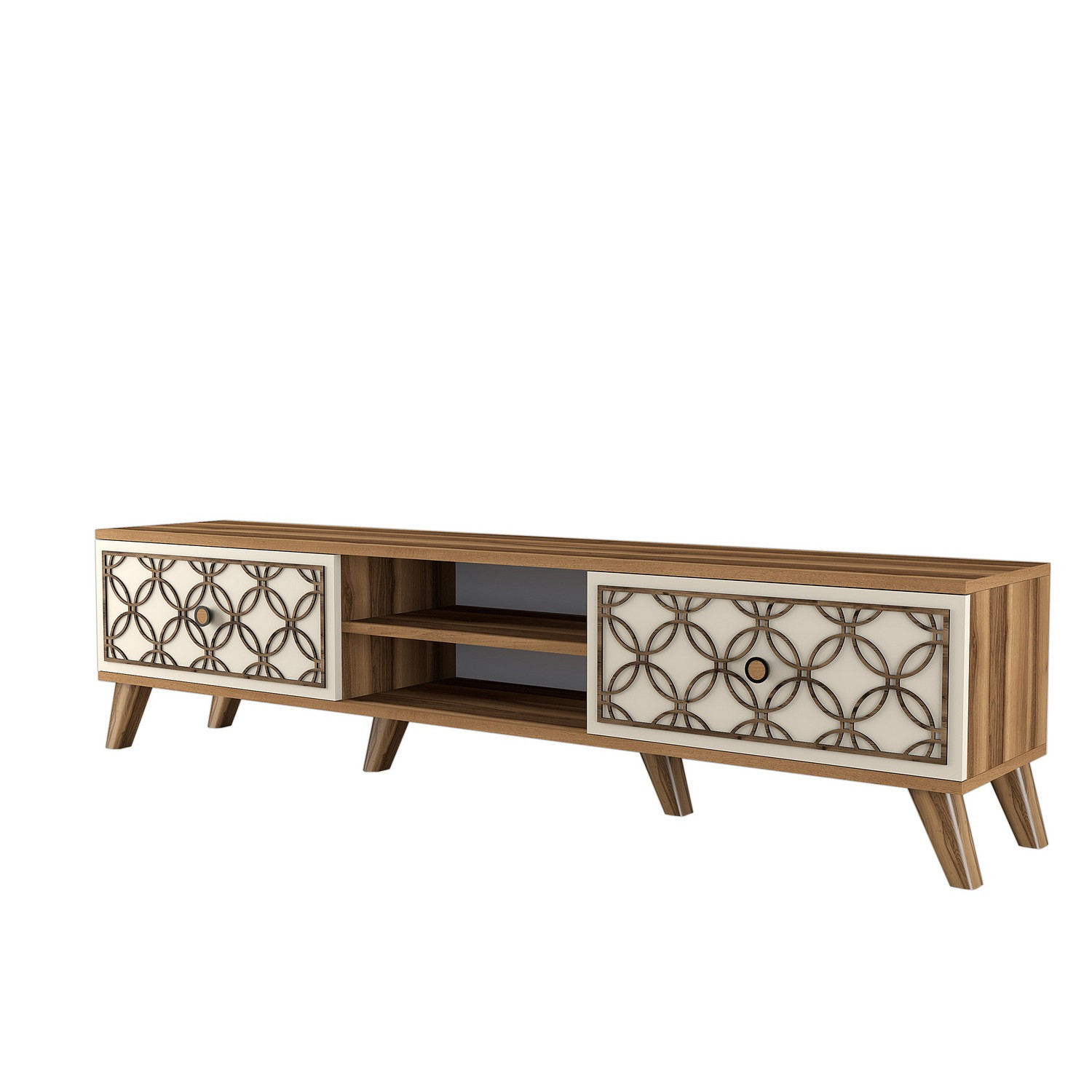 Meuble TV 2 portes et 2 étagères Varize 180cm Motif Arabesque Blanc crème et Bois