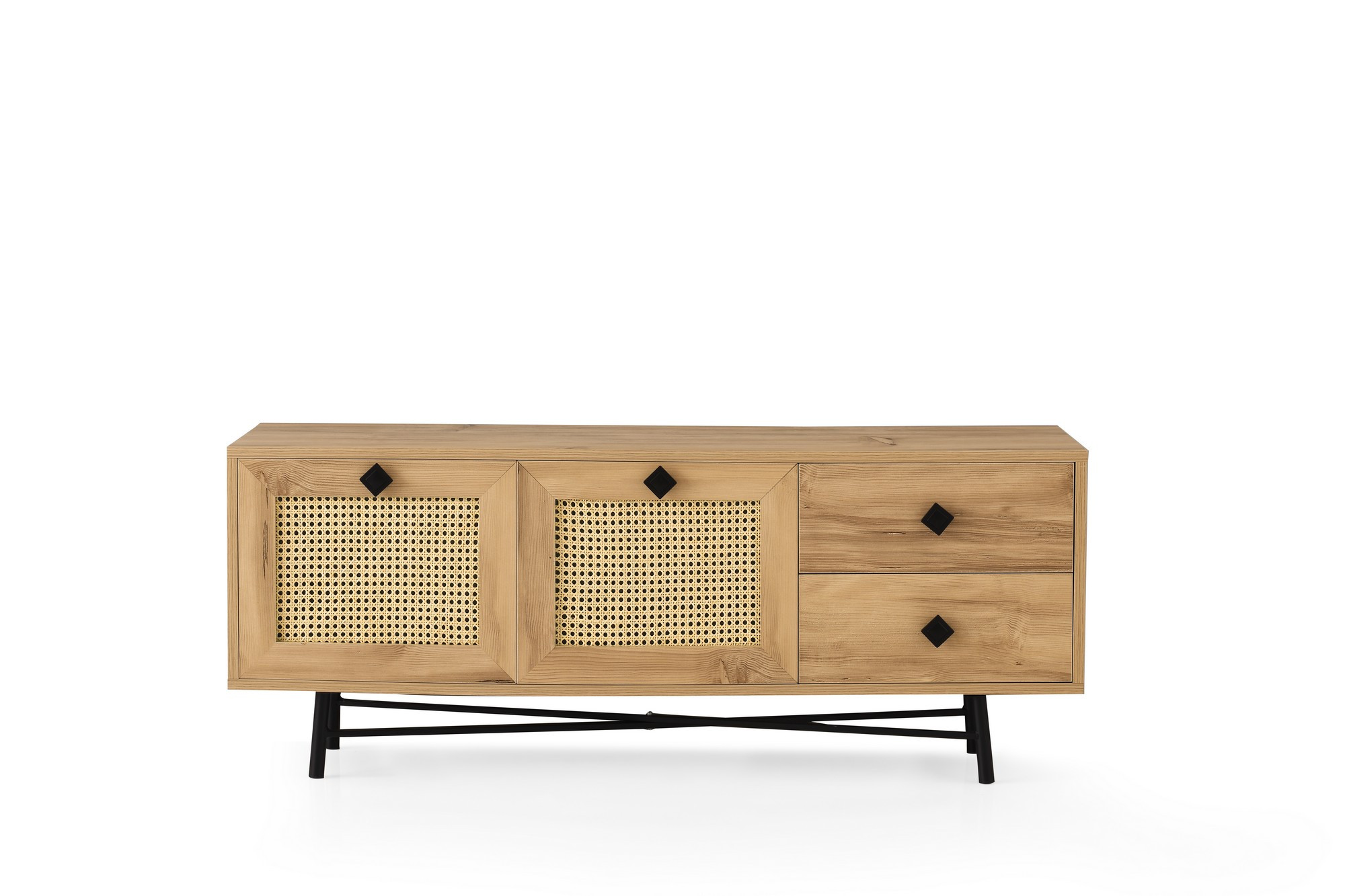 Meuble TV 3 portes en cannage Smussi 140cm Bois Naturel et Métal Noir