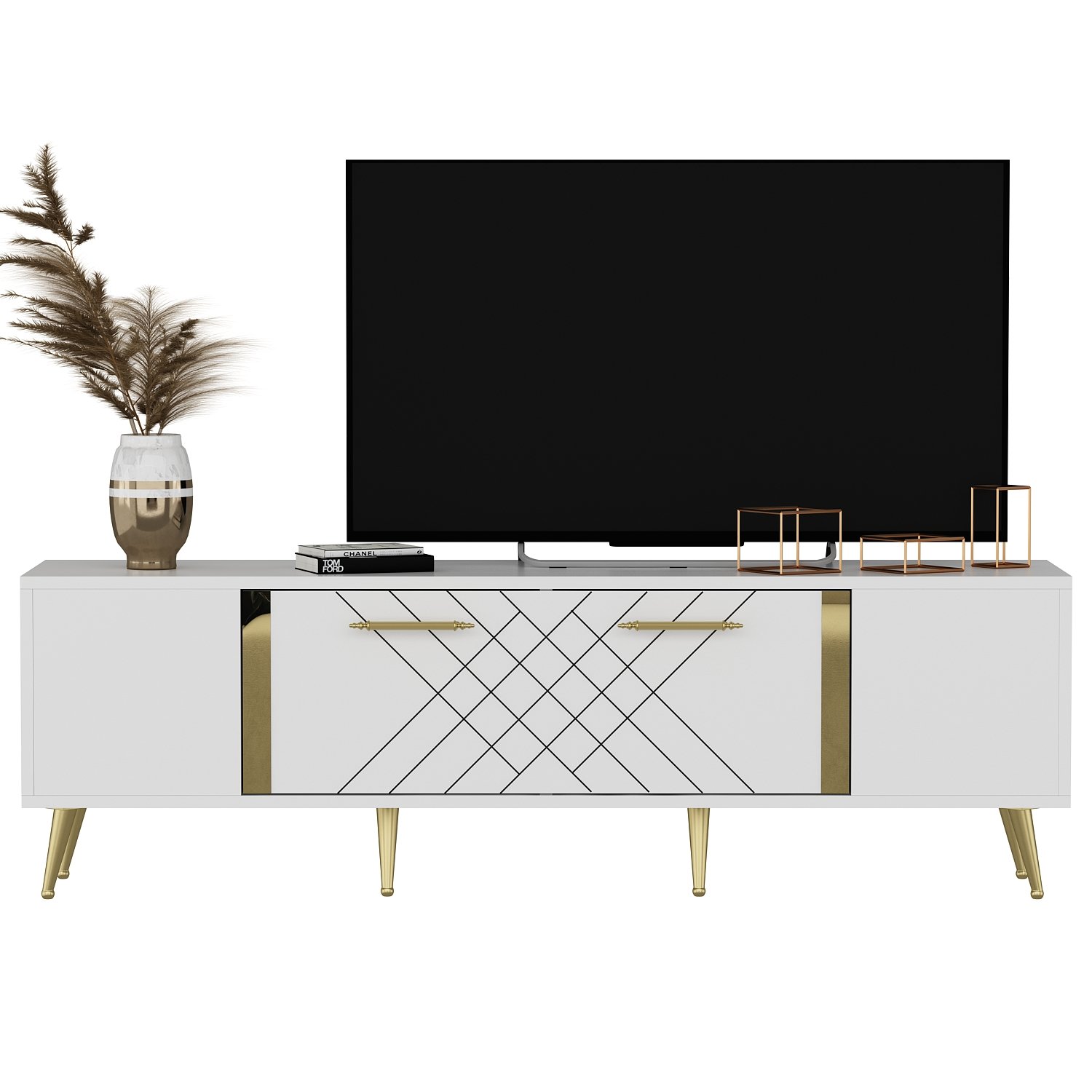 Meuble TV Bourgogne 150cm Blanc et Or