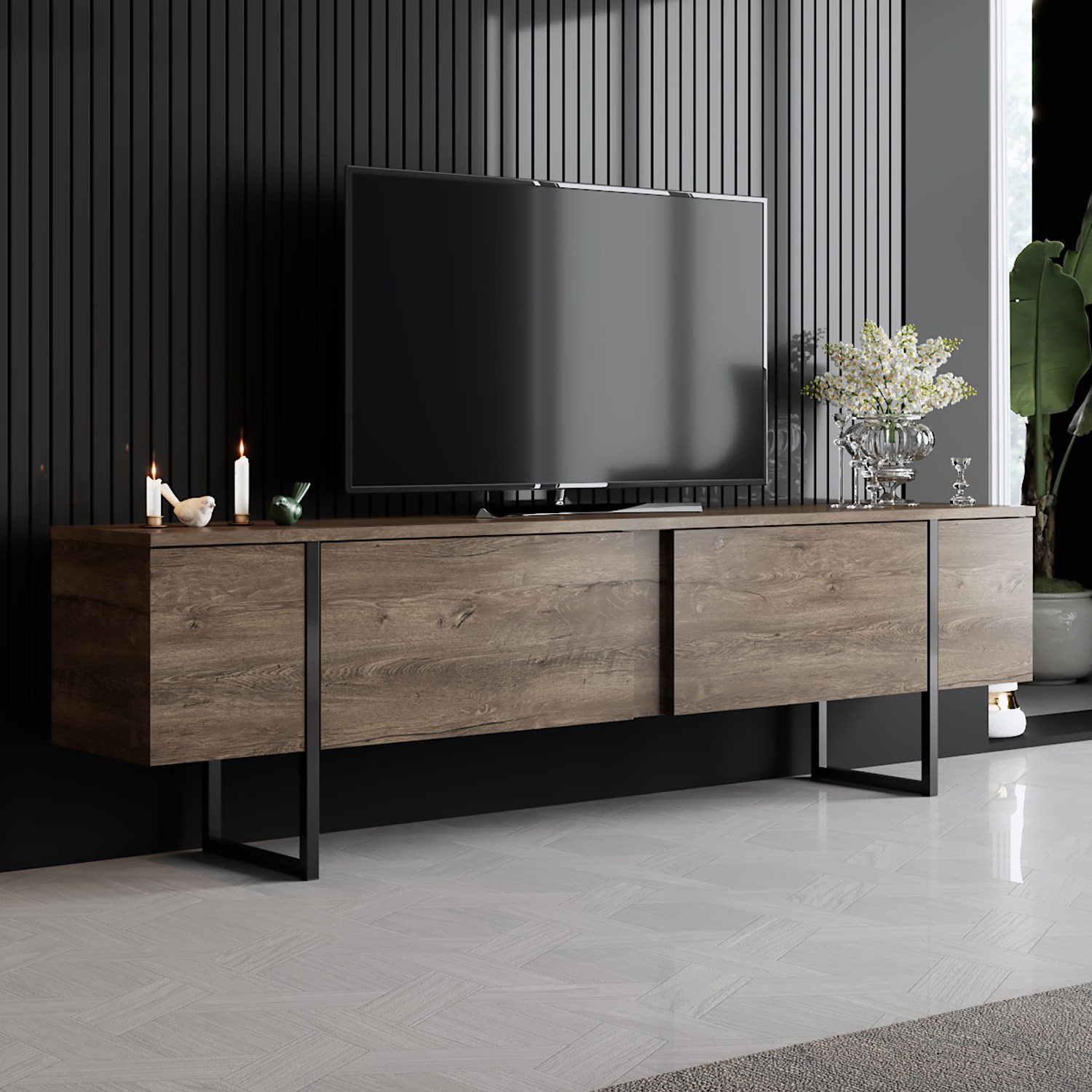 Meuble TV design 2 portes basculantes Sibylle L180xH50cm Métal Noir et Bois foncé
