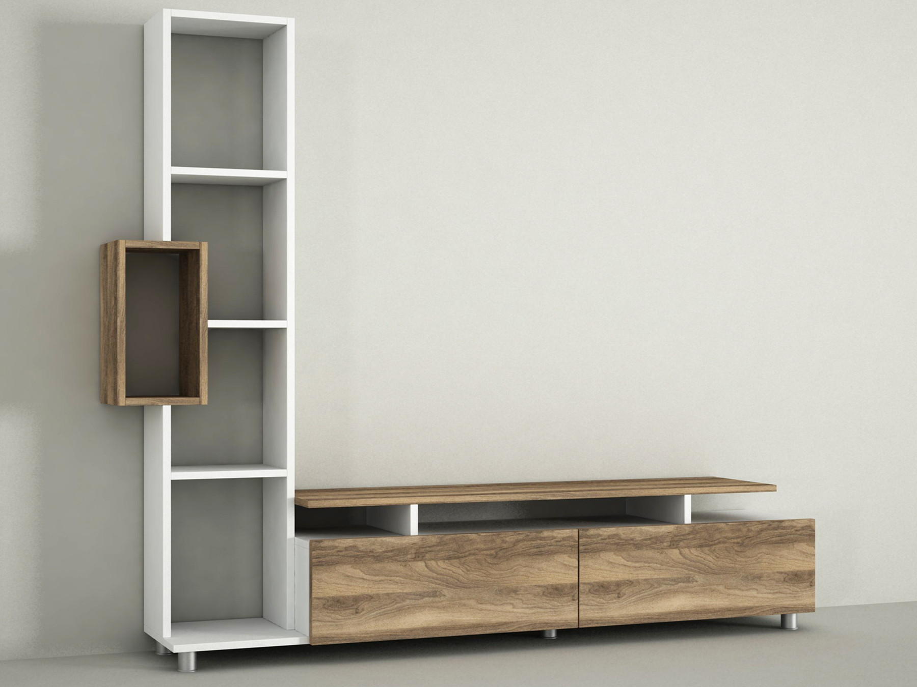 Meuble TV et étagère Vitally 160cm Bois Naturel et Blanc