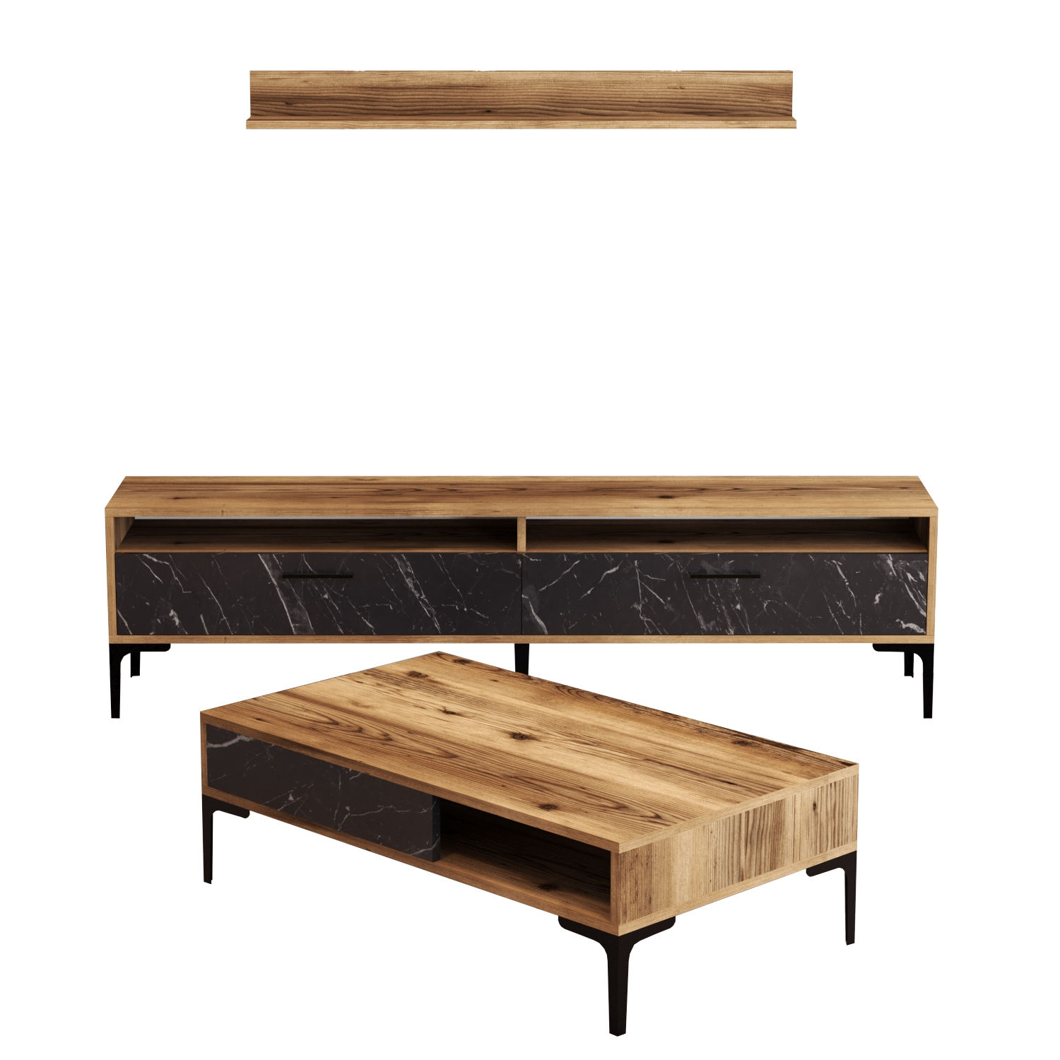 Meuble TV moderne 180cm avec table basse et étagère Varnus Bois et Effet marbre Noir