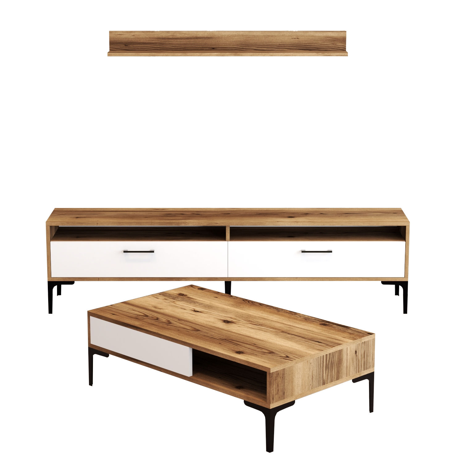 Meuble TV moderne 180cm avec table basse et étagère Varnus Bois et Blanc