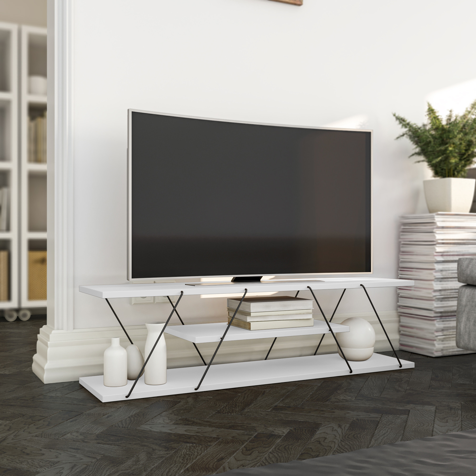 Meuble TV montants ultra fins trois tablettes Filumis 120cm Bois Blanc et Métal Noir