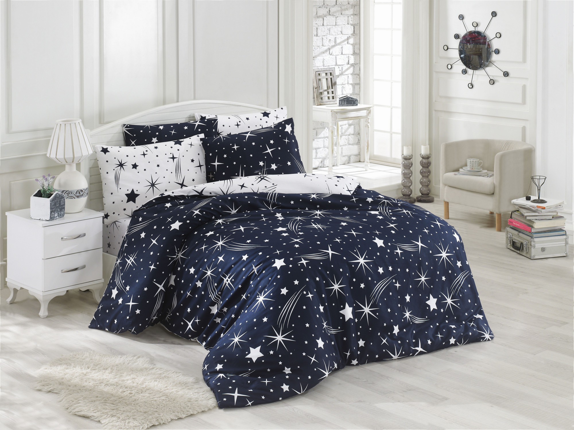 Parure de lit double 240x220cm et 2 taies d'oreiller 60x60cm Starcomet Bleu foncé