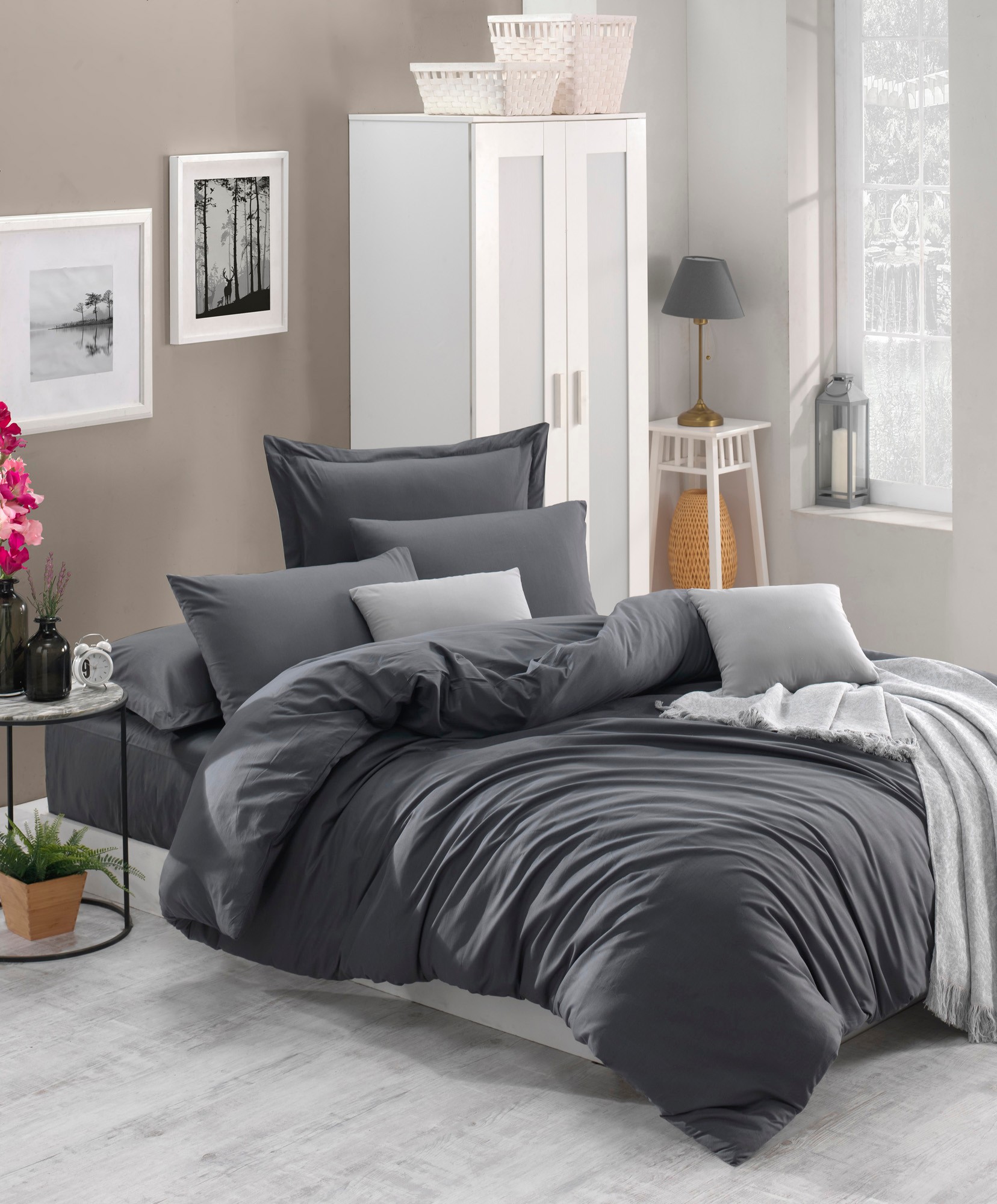 Parure de lit double 4 pièces Noctis uni 100% Coton Gris fumée