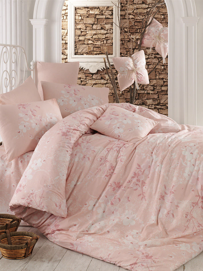 Parure de lit Eleana 160x220cm avec drap plat 160x240cm et taie d'oreiller 50x70cm Motif fleurs Rose