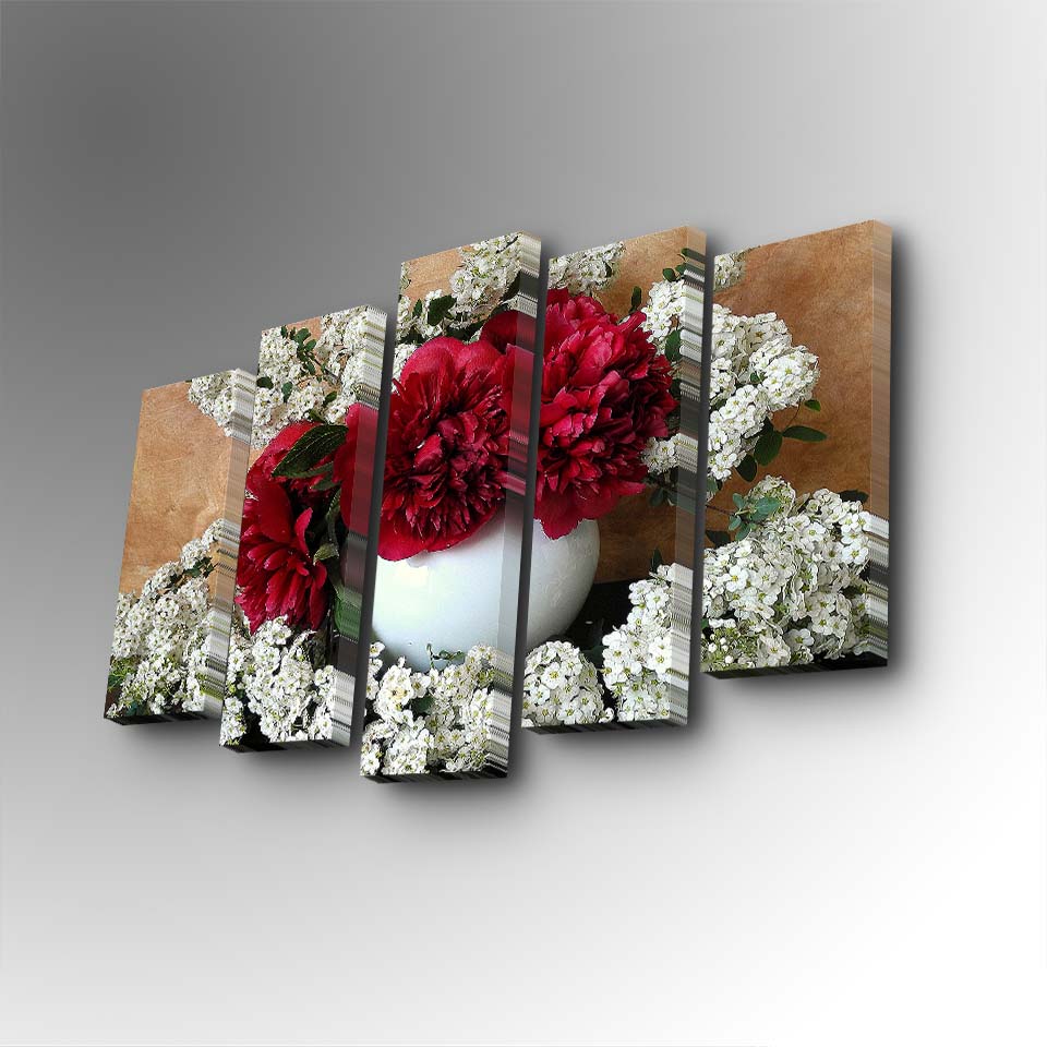 Pentaptyque Atos Motif Composition florale Rouge et Blanc