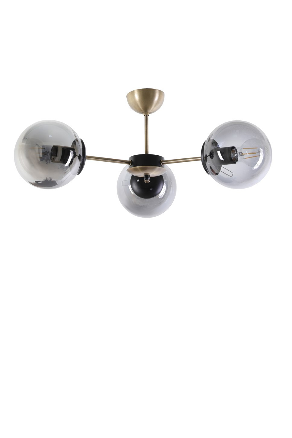 Plafonnier 3 globes support Y Bulla D55cm Métal Or antique et Noir et Verre Gris fumé