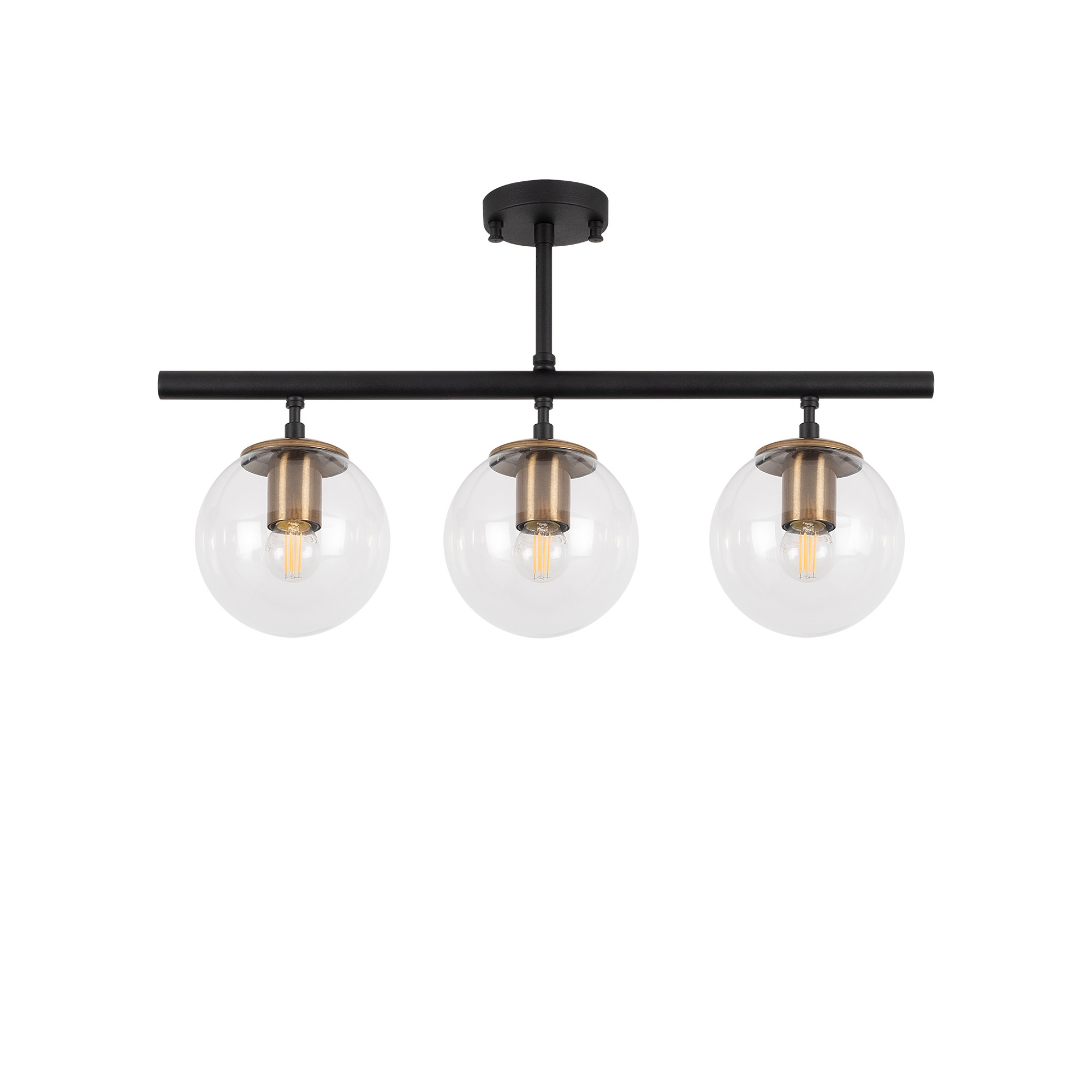 Plafonnier barre 3 lampes Cluabar 60cm Verre Transparent et Métal Noir et Or antique