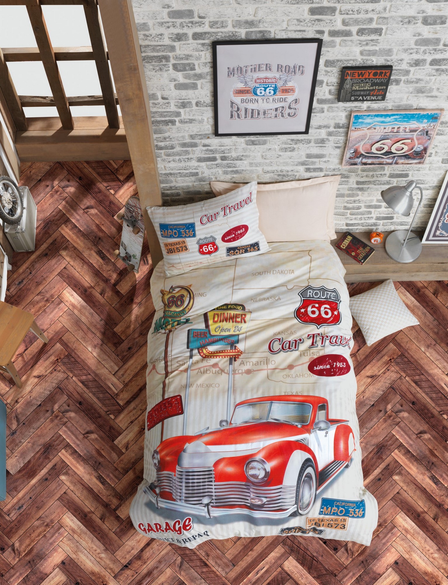Set 3 pièces parure de lit junior Noctis Route 66 Coton Renforcé Beige Rouge Jaune Gris Bleu
