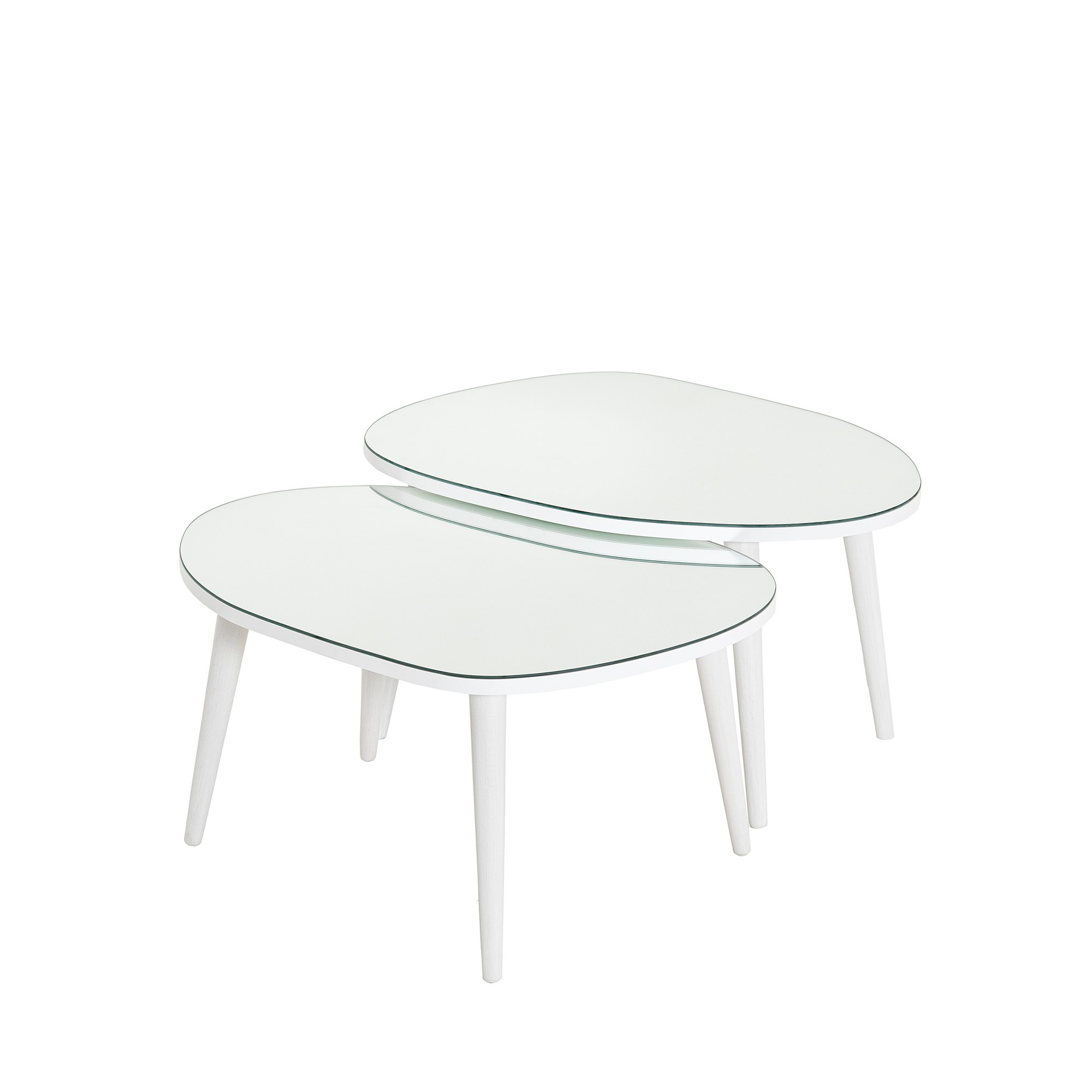 Set de 2 tables basses trépied ovale gigognes Casina Bois Blanc et Verre trompé Miroir