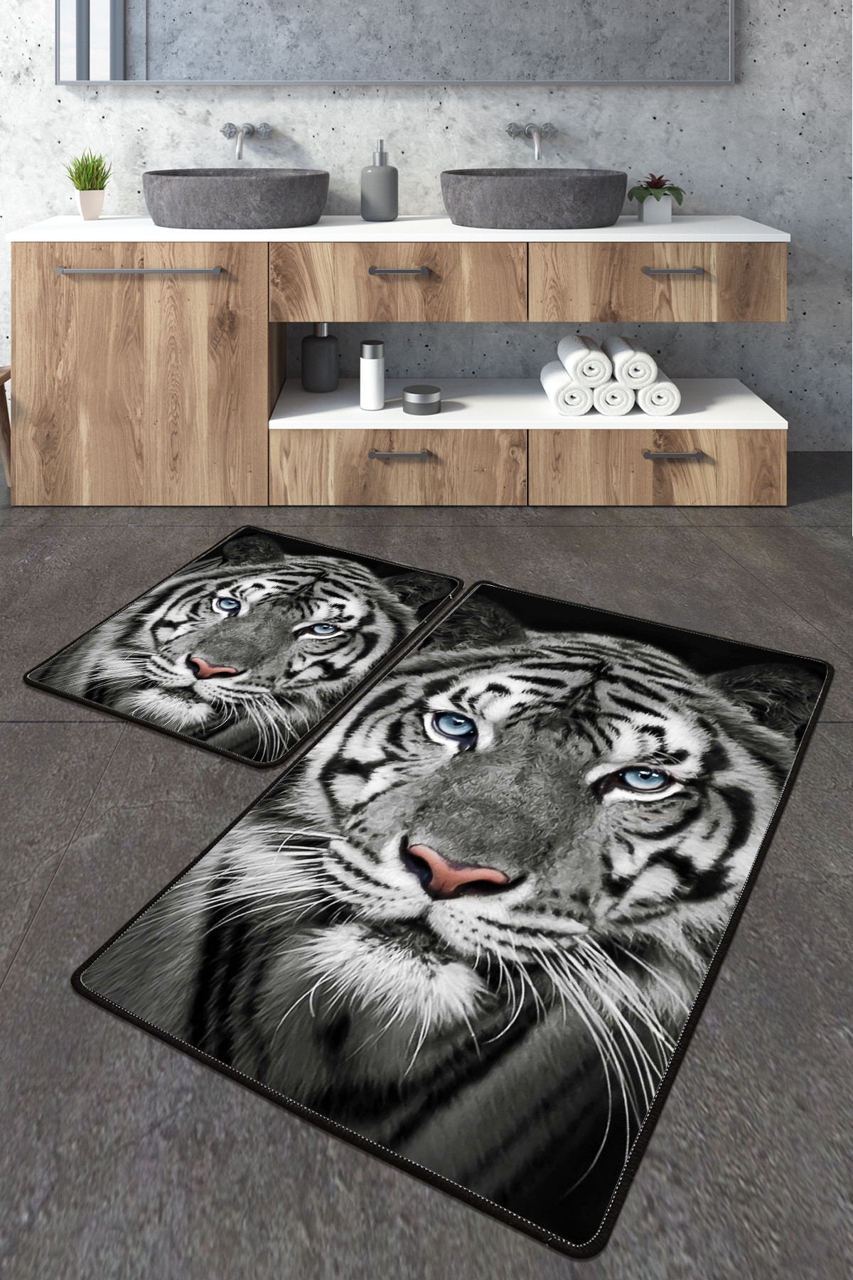 Set de 2 tapis de salle de bain Daiza Motif Tigre Blanc et Gris