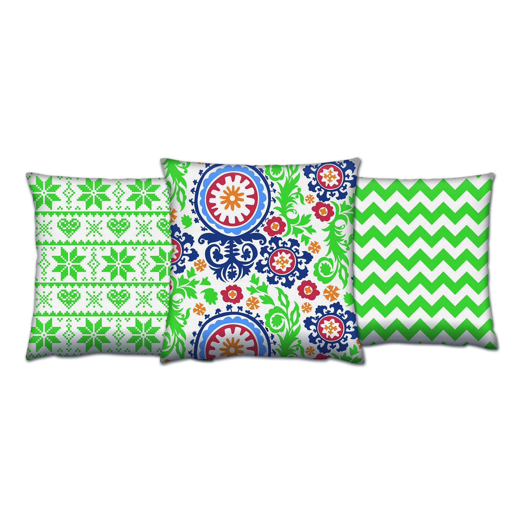 Set de 3 coussins assortis Decorare 43x43cm Coton Vert pomme, Bleu et Rouge
