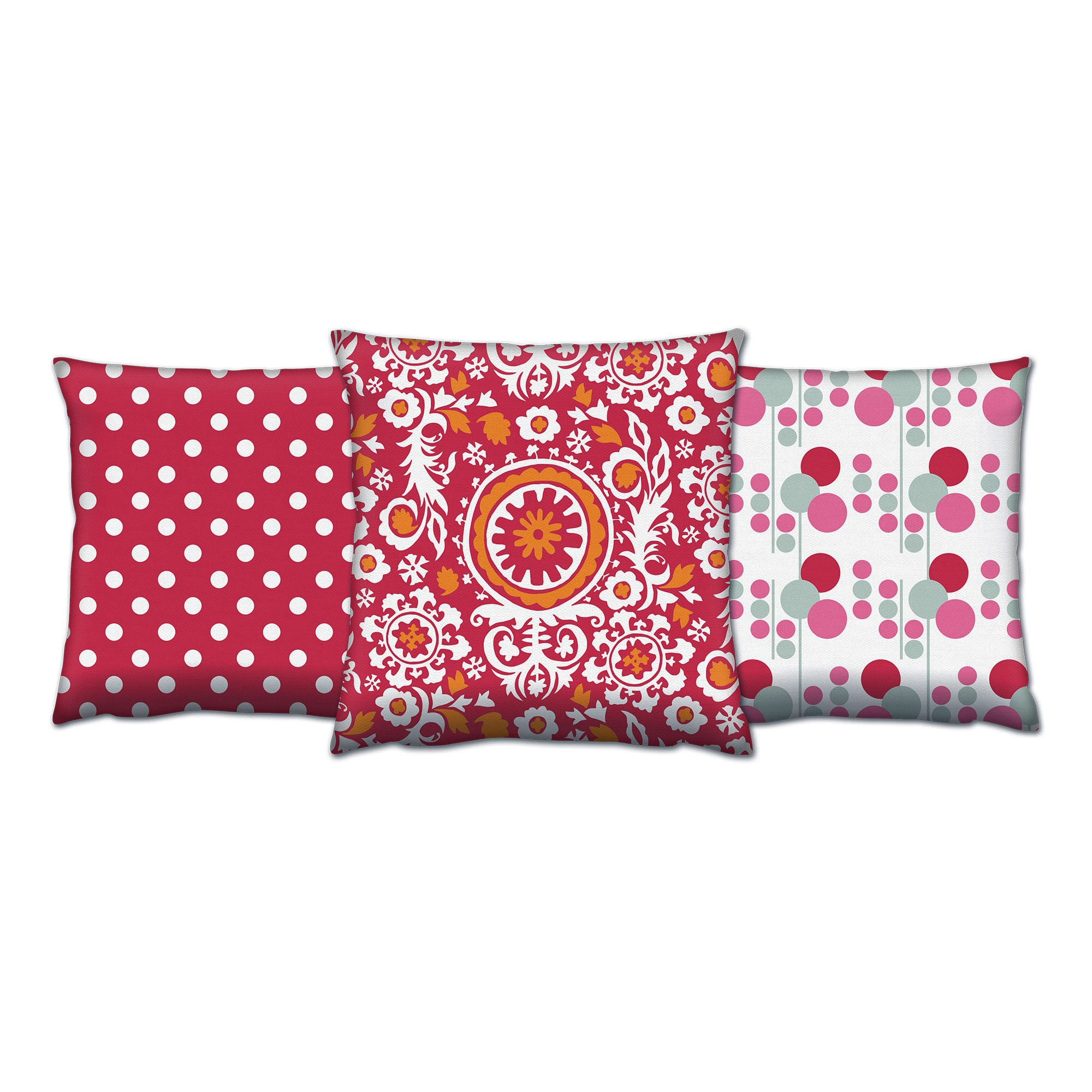 Set de 3 coussins assortis Decorare Rococo 43x43cm Coton Rouge, Rose et Jaune