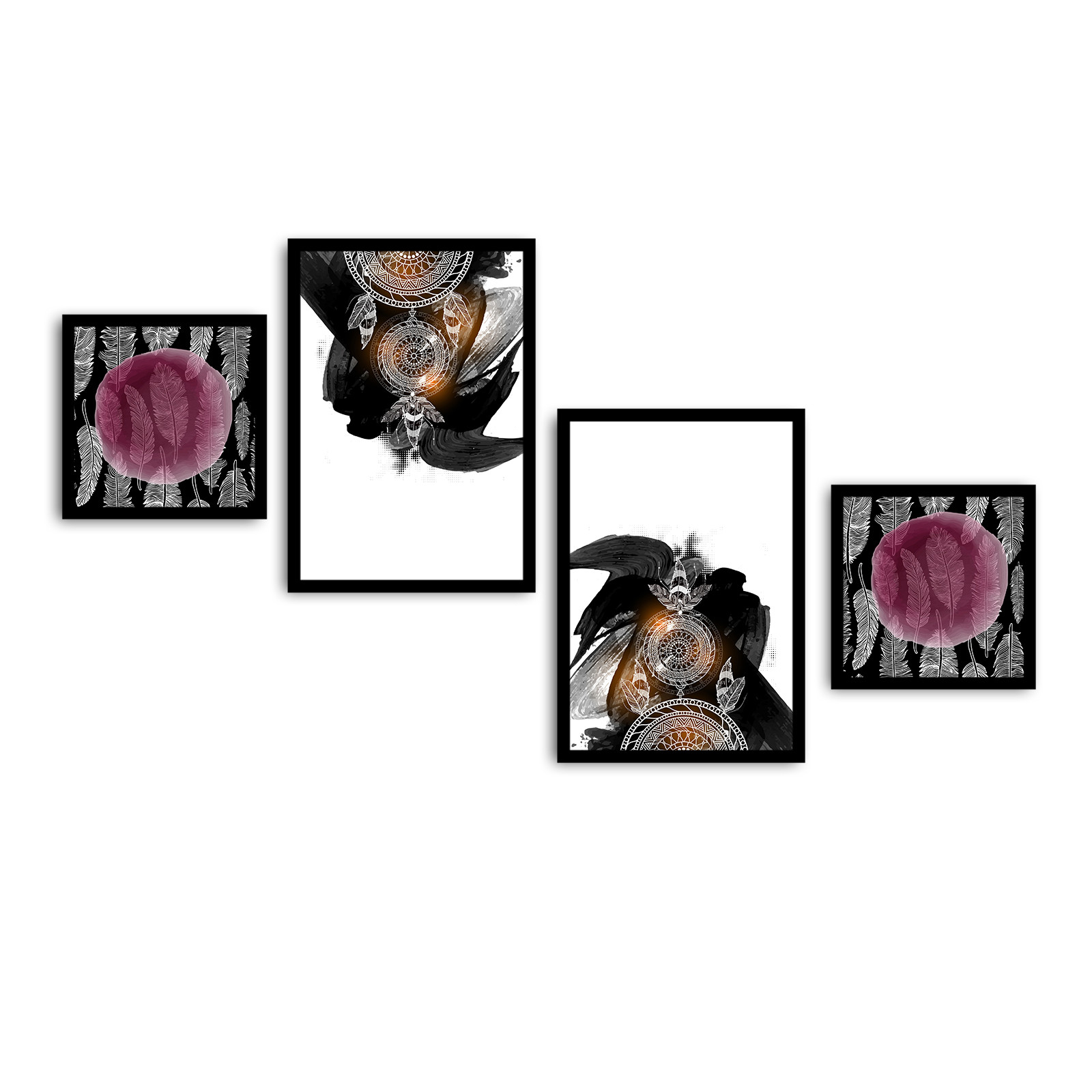 Set de 4 tableaux avec cadre Noir Huang Motif Boho