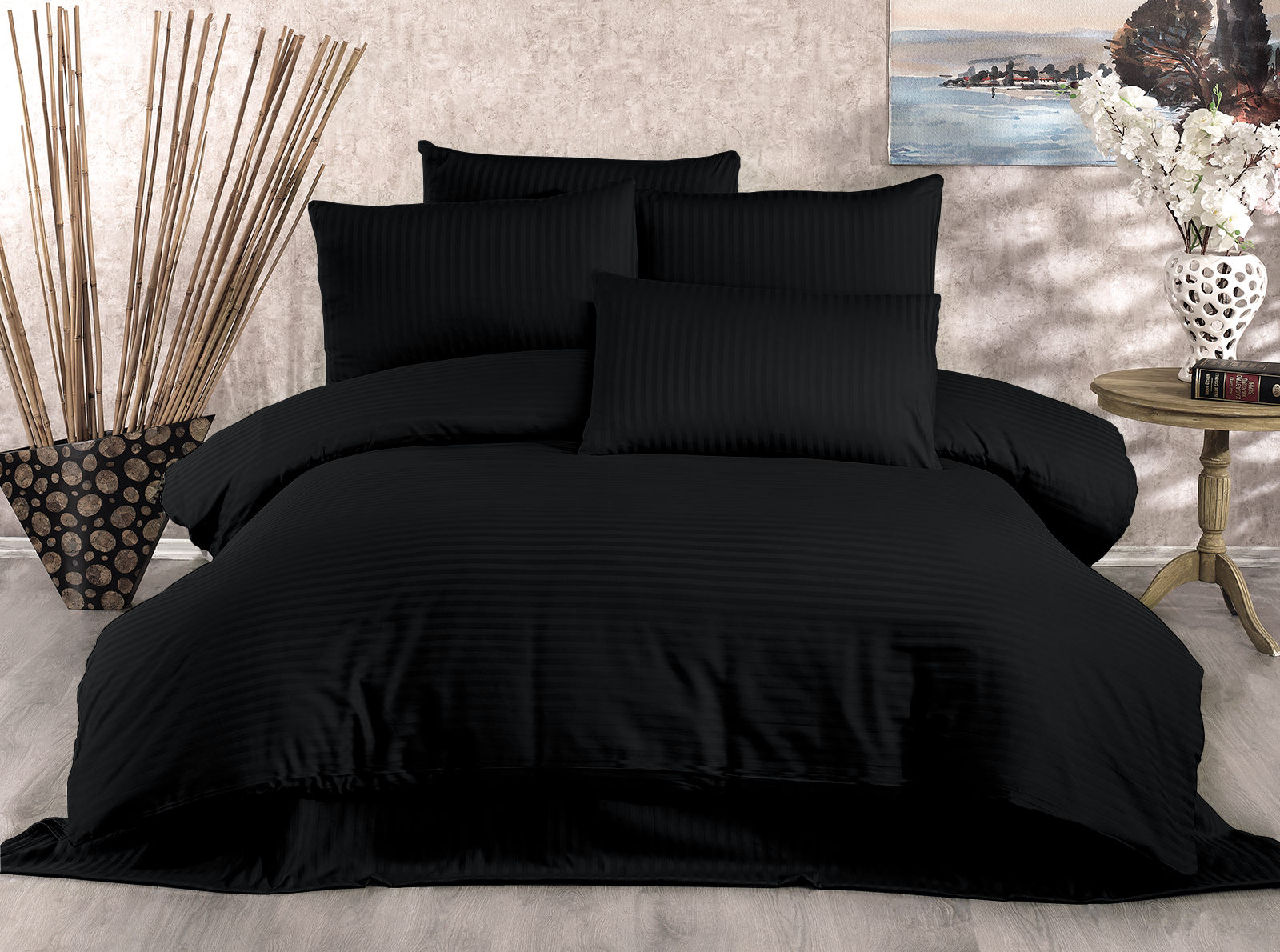 Set de housse de couette 140x200cm et 1 taie d'oreiller 60x60cm Undroa 100% Coton satiné Noir