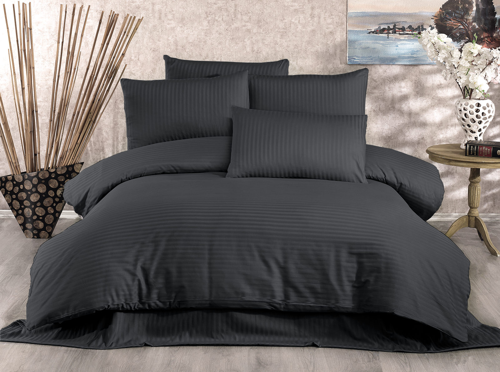 Set de housse de couette 140x200cm et 1 taie d'oreiller 60x60cm Undroa 100% Coton satiné Anthracite