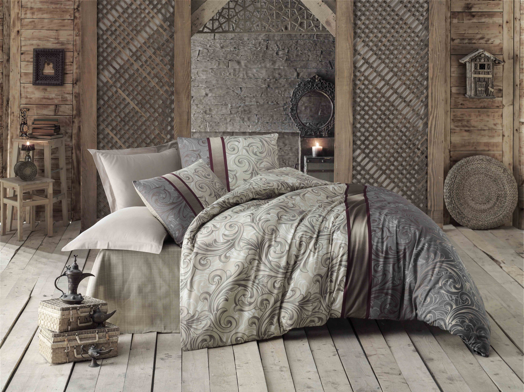 Set de housse de couette 240x220cm et 2 taies d'oreiller 60x60cm Alda Tissu Motif Arabesques enrubanné Beige et Gris