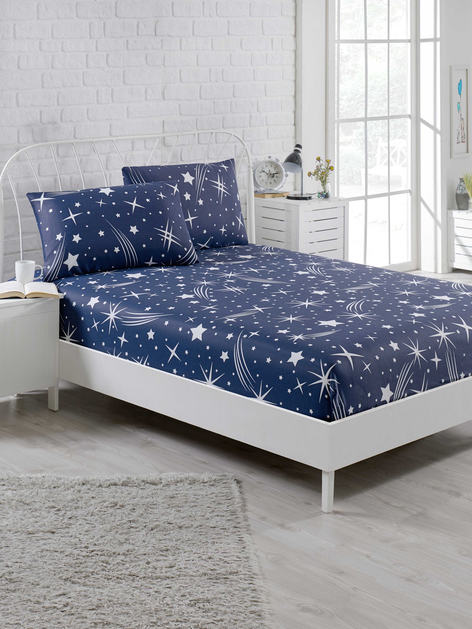 Set drap housse 160x200cm et 2 taies d'oreiller 50x70cm Starcomet Bleu foncé