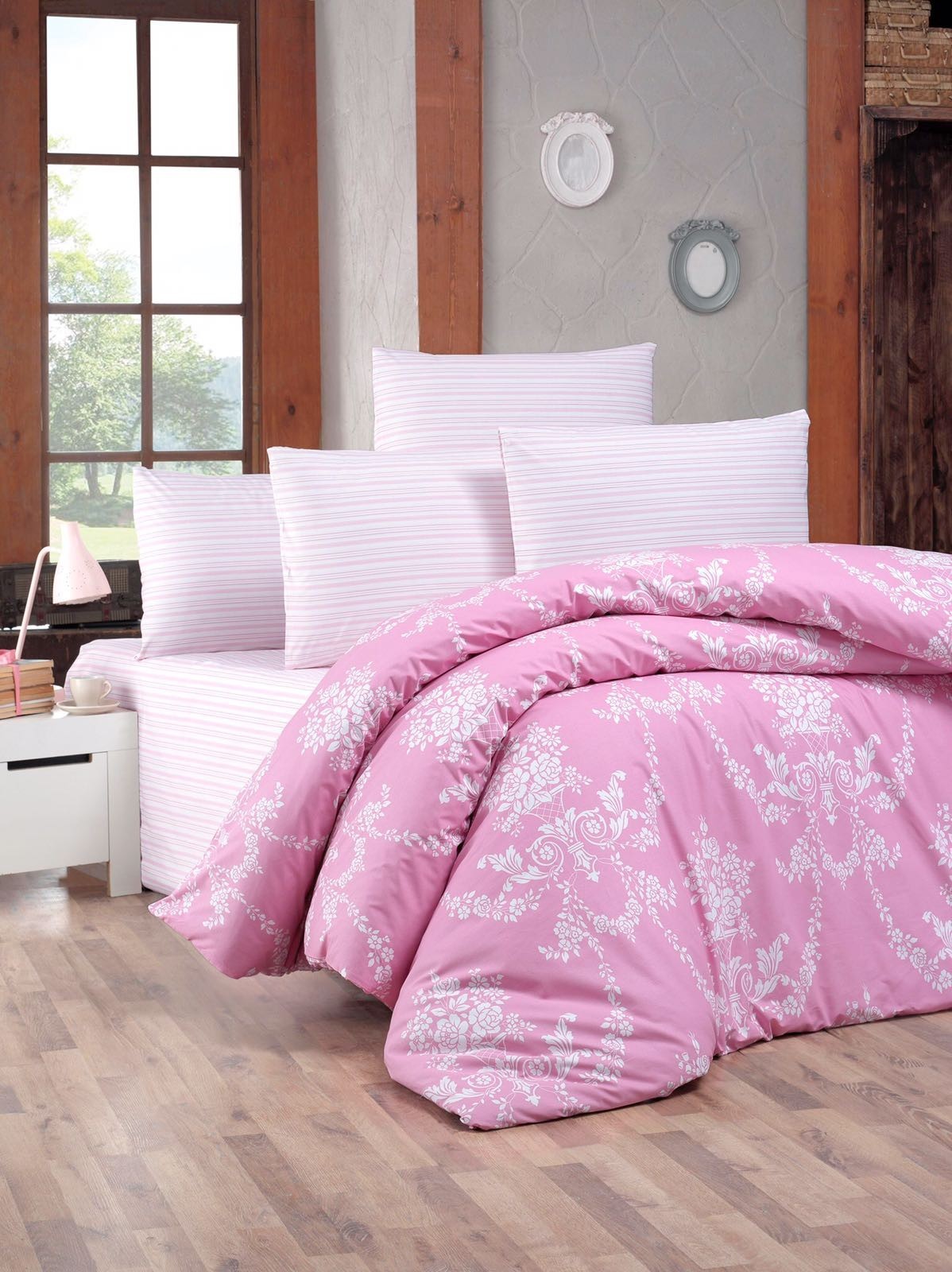 Set housse de couette 140x200cm et 1 taie d'oreiller 60x60cm Aina 100% Coton Motif Florale Blanc et Rose