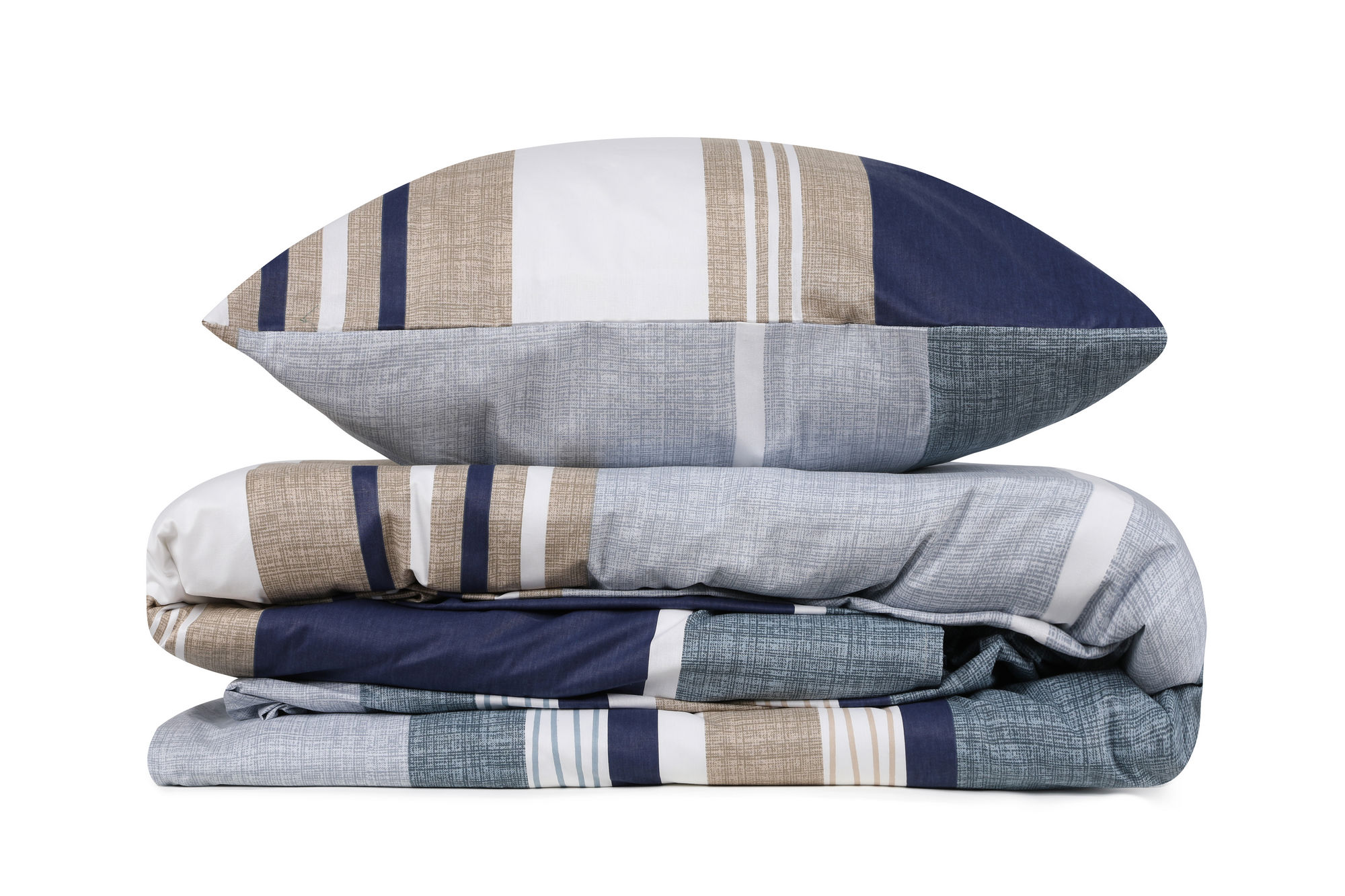 Set housse de couette 140x200cm et 1 taie d'oreiller 60x60cm Tosina 100% Coton Motif Rayures Gris, Blanc et Bleu