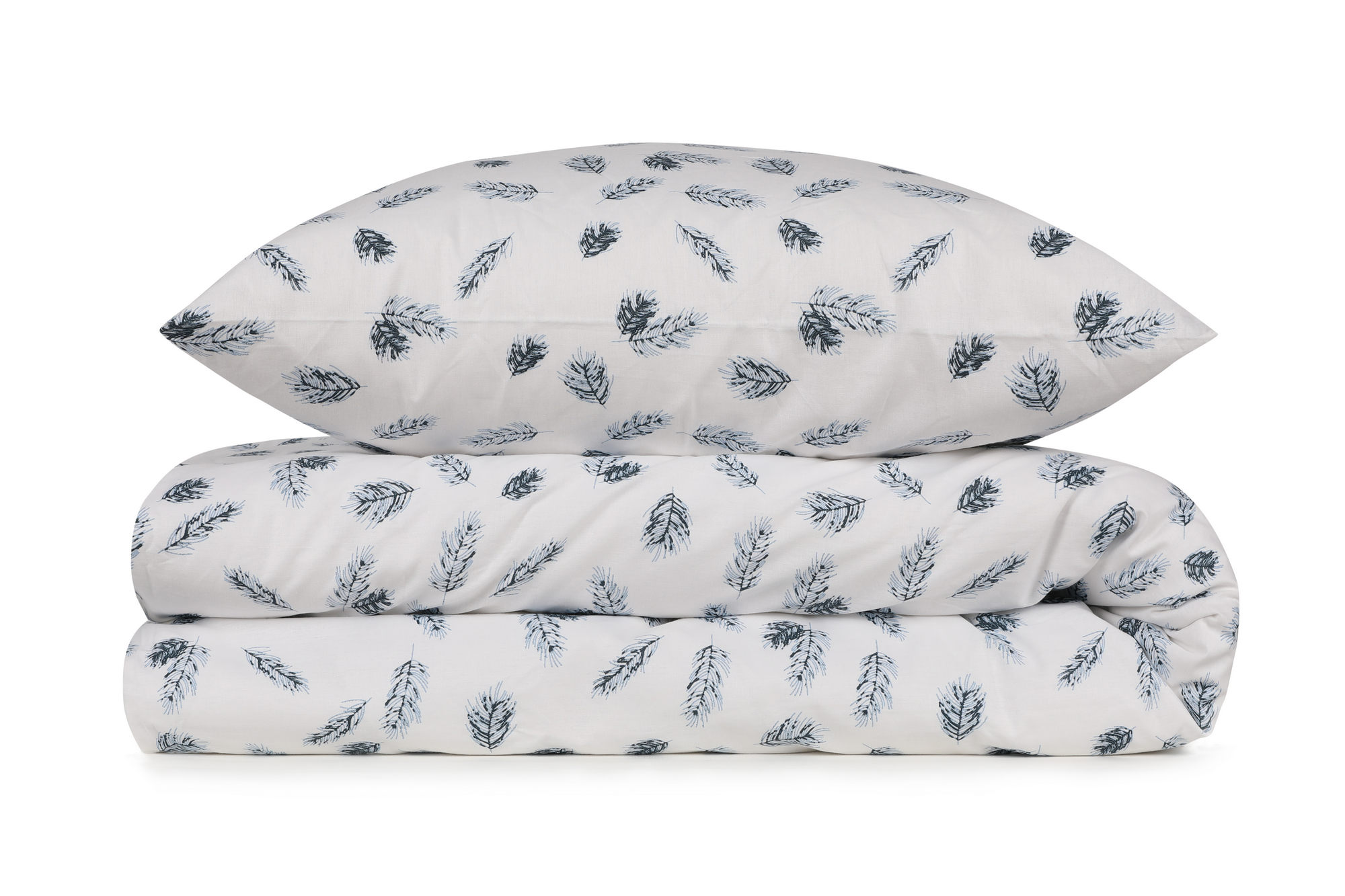 Set housse de couette 140x200cm et 1 taie d'oreiller 60x60cm Aiga 100% Coton Motif Plumes Bleu foncé et Blanc