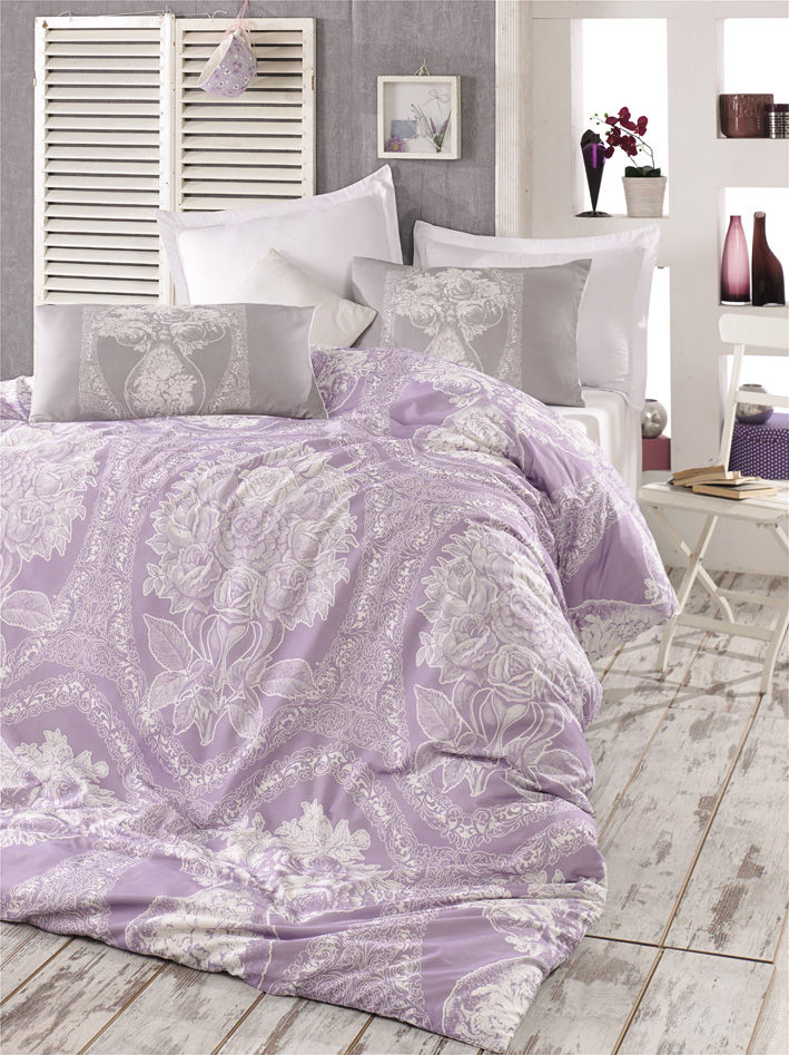Set housse de couette 140x200cm et taie d'oreiller 60x60cm Gris Haiza 100% Coton Motif Florale Blanc et Lilas