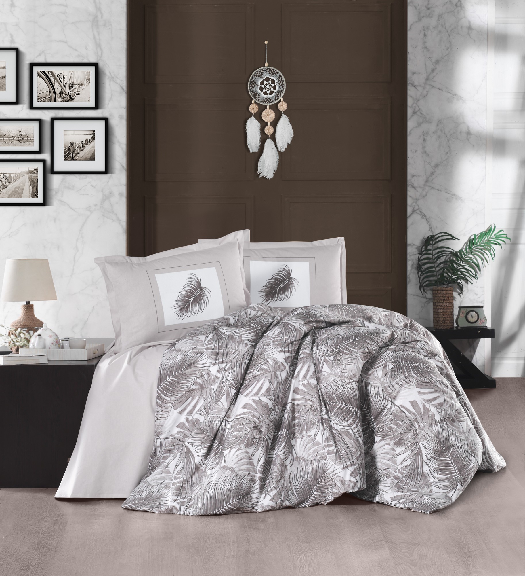 Set housse de couette 240x200cm et 2 taies d'oreiller 60x60cm Pruma 100% Coton Motif Feuilles Gris et Blanc