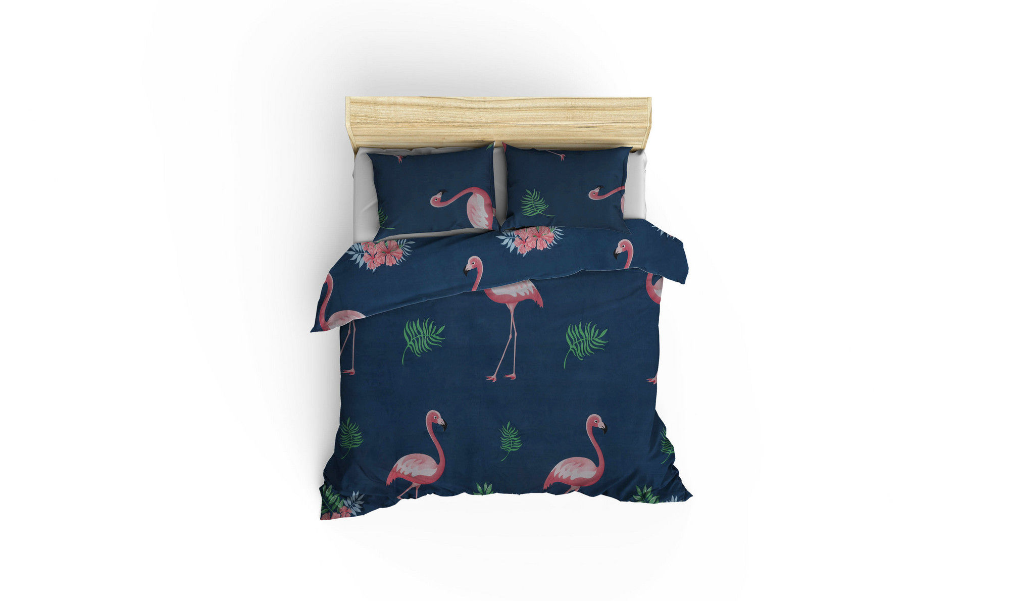 Set housse de couette 240x220cm et 2 taies d'oreiller 60x60cm Ida Tissu Motif Grands flamants Rose et Bleu foncé