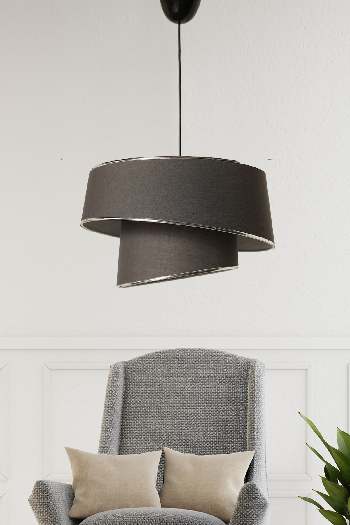 Suspension 2 cylindres biscornus Inconditus Ø32cm Tissu Anthracite et Métal Noir et Argent