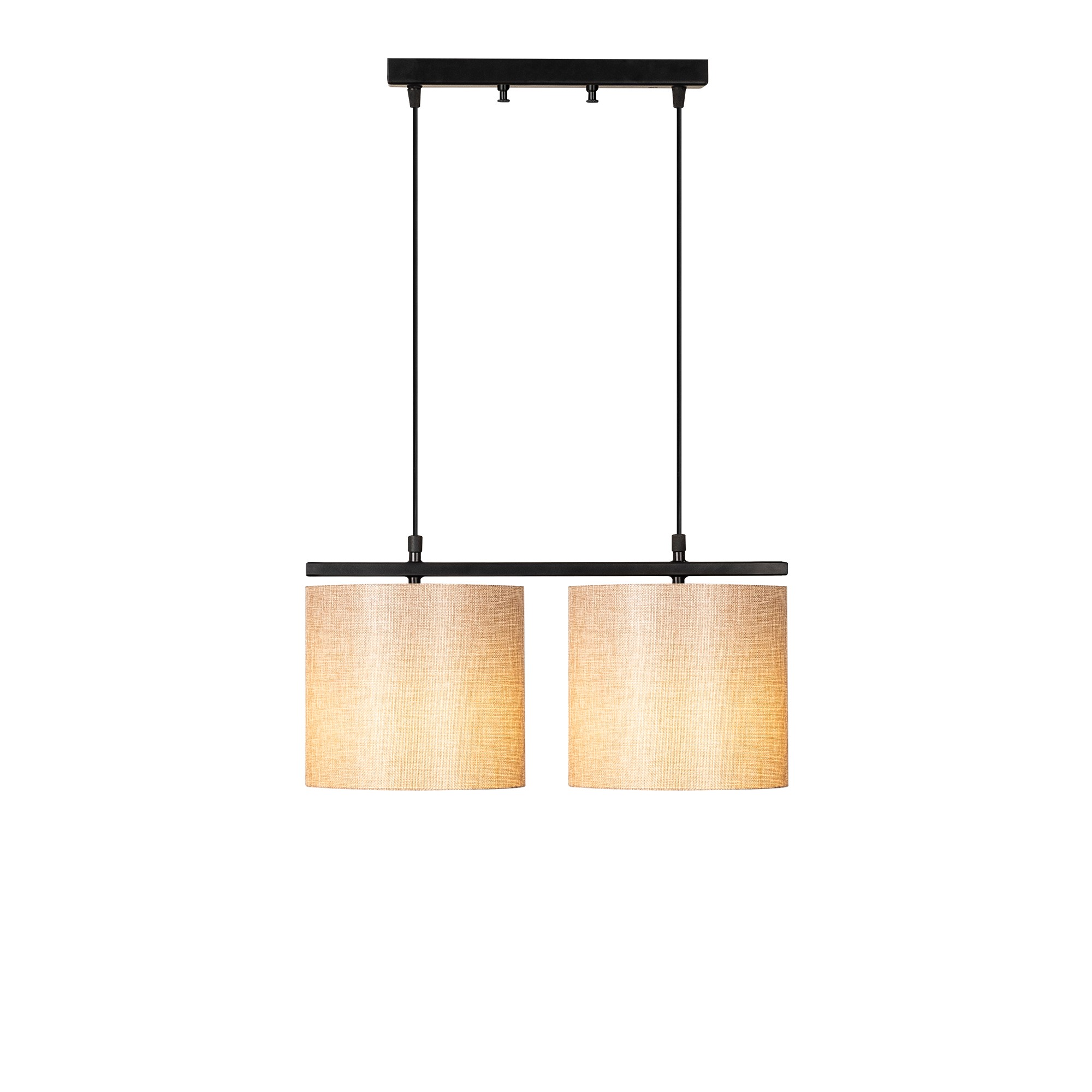 Suspension 2 lampes à simple barre Senna Métal Noir et Tissu Blanc crème