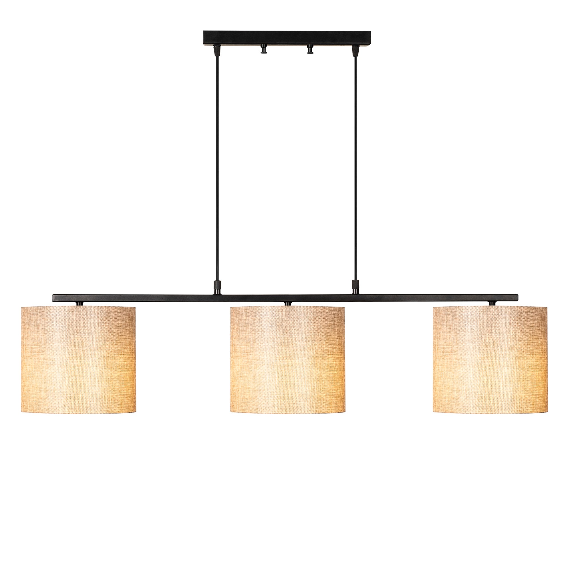 Suspension 3 lampes alignés à simple barre Senna Métal Noir et Tissu Blanc crème