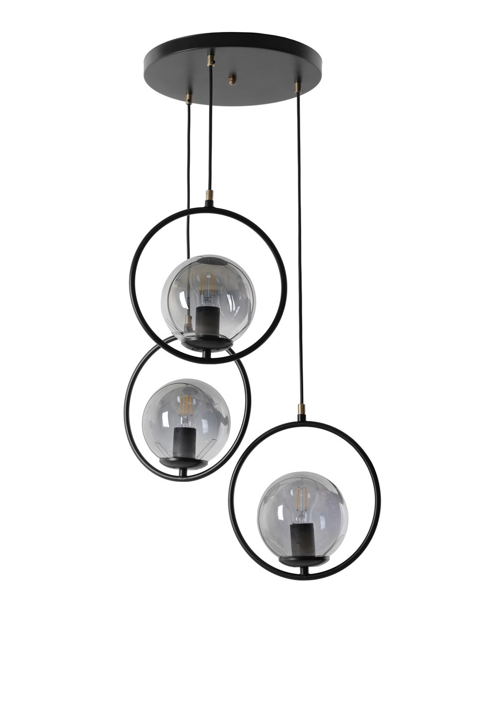 Suspension 3 lampes cerclées escalier Radrana D30cm Verre Gris fumé et Métal Noir