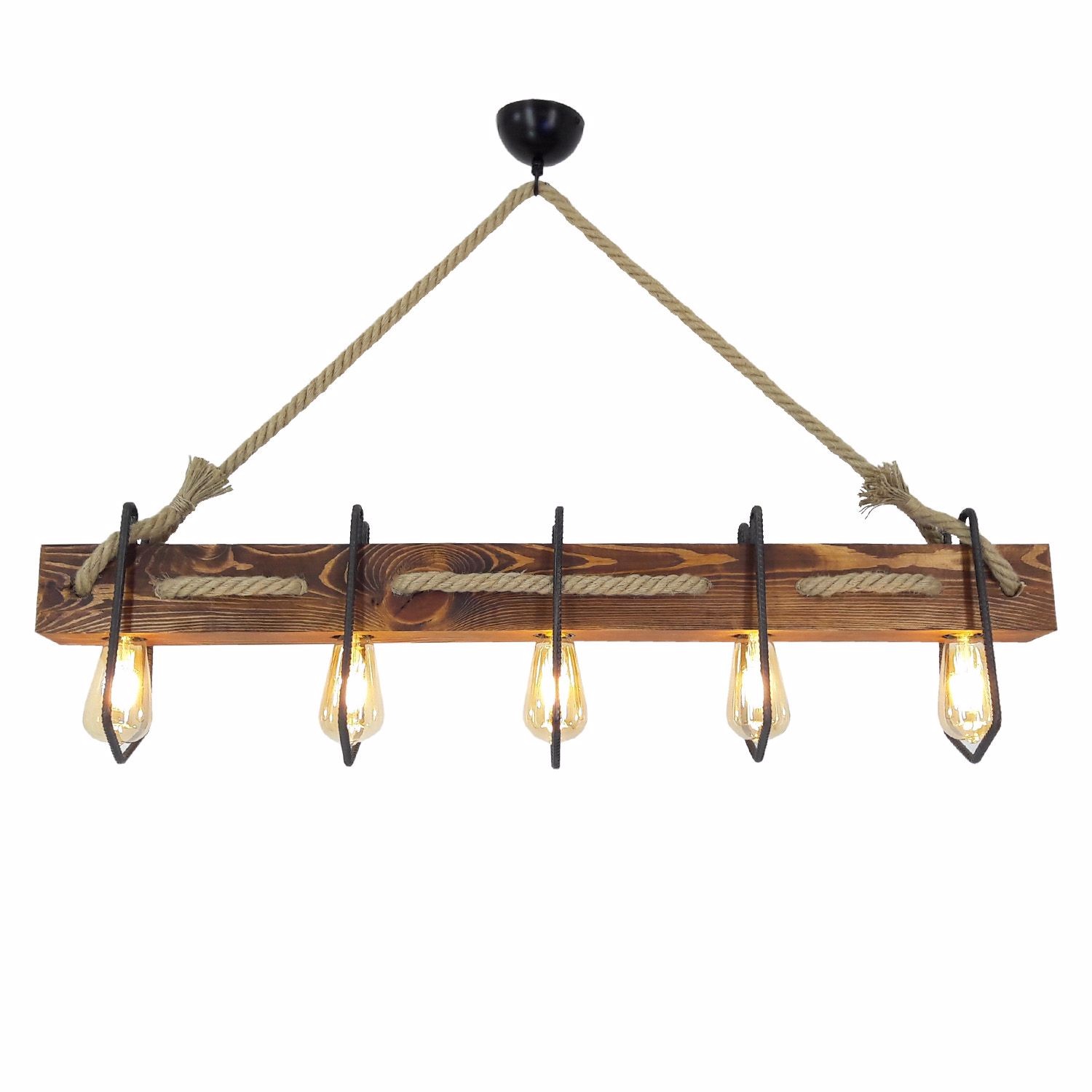 Suspension 5 lampes alignées Tyran L100cm Métal Noir, Pin massif Naturel et Corde Beige
