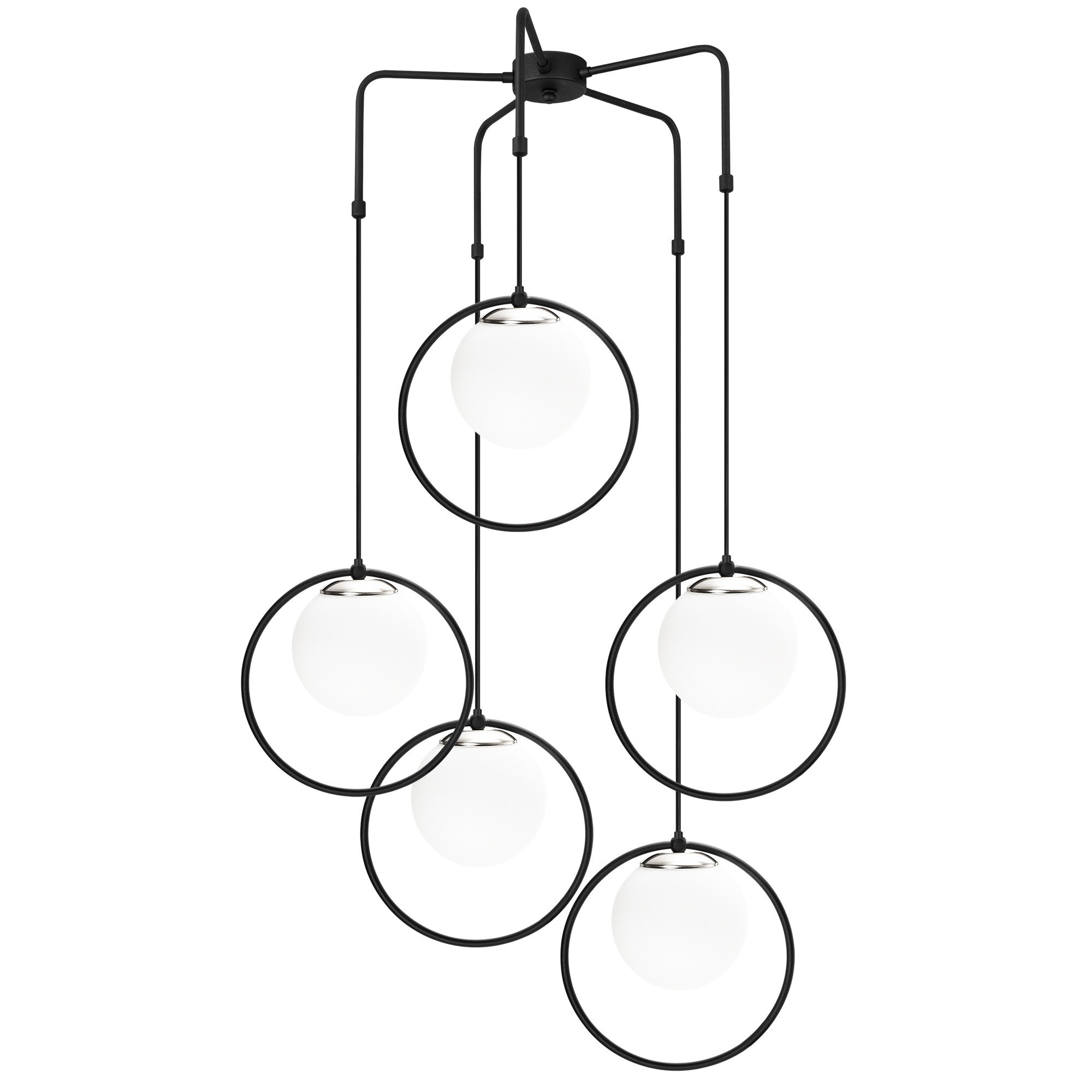 Suspension 5 lampes globes cerclés haut saccade Bioxy Verre Blanc et Métal Noir