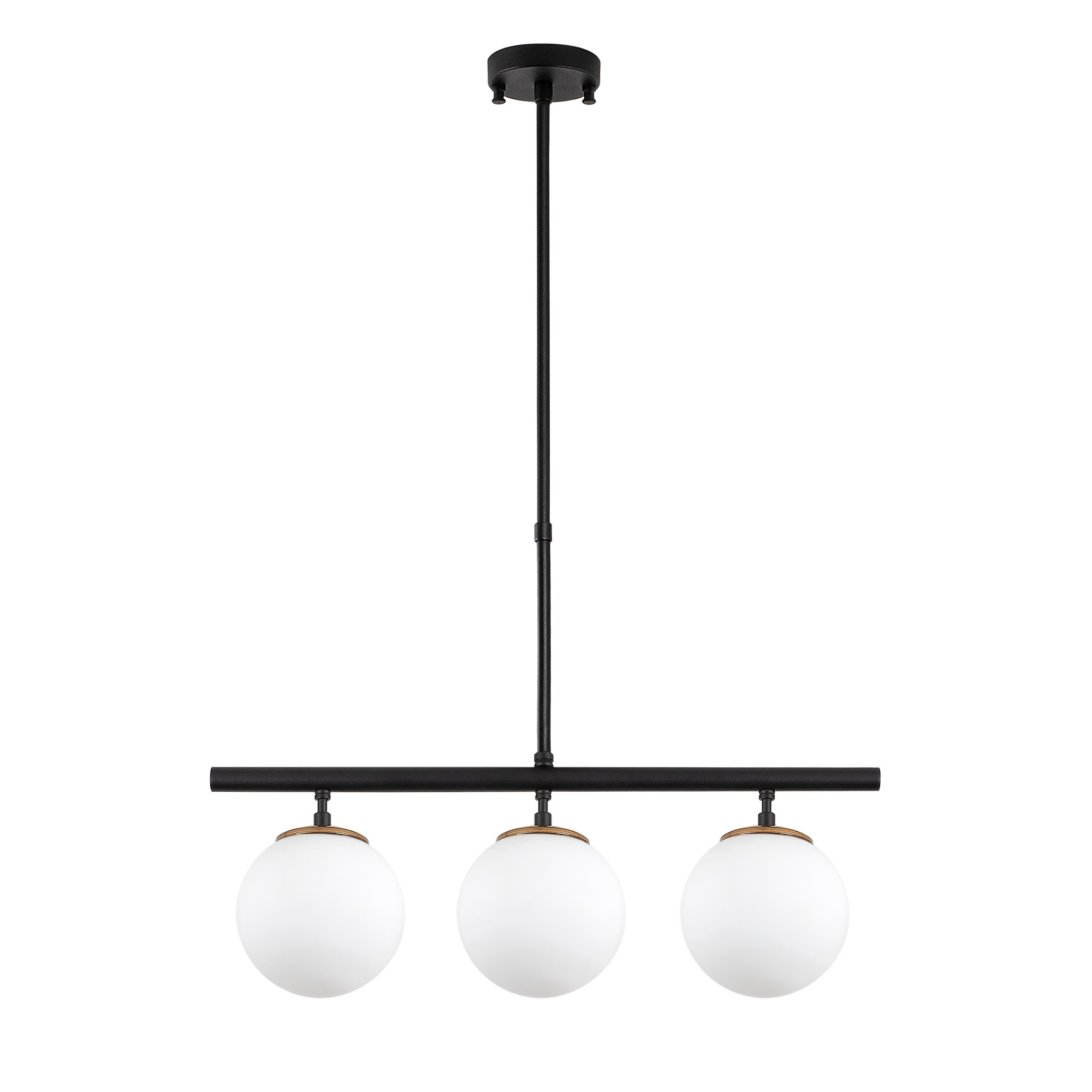 Suspension barre 3 lampes Cluabarte 60cm Verre Blanc et Métal Noir et Or antique