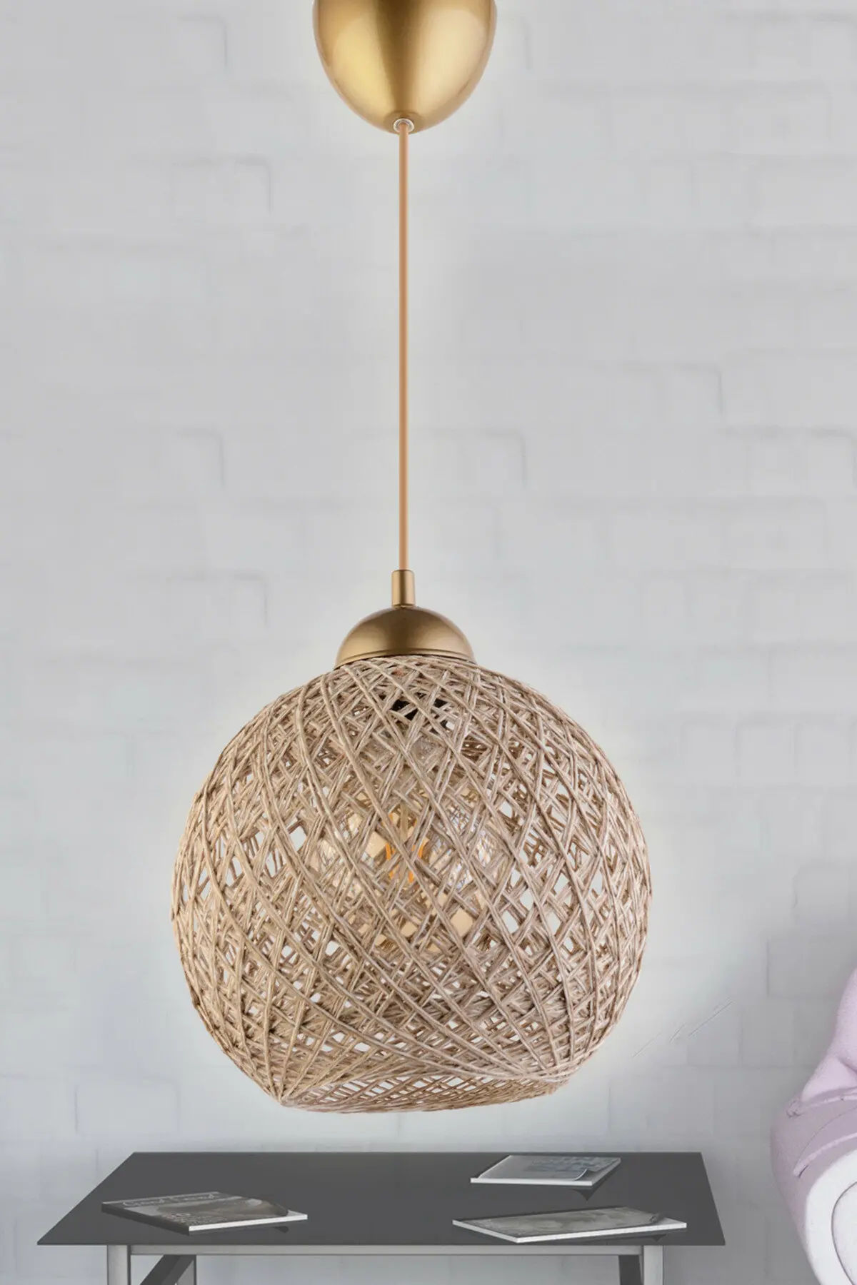 Suspension Berleda D22cm Métal Or et Coton Beige et Blanc