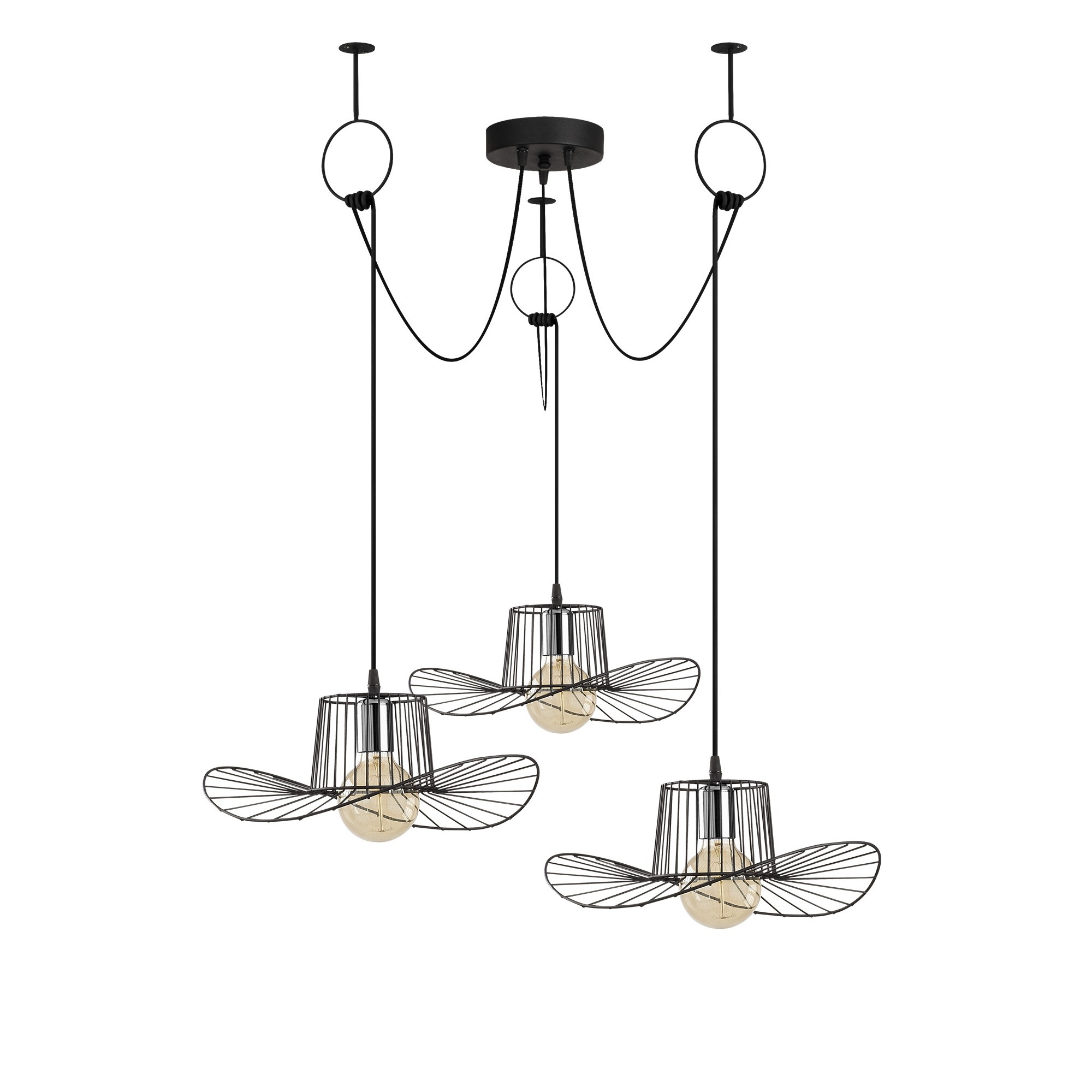 Suspension filaire araignée 3 lampes chapeau Bert D122cm Métal Noir