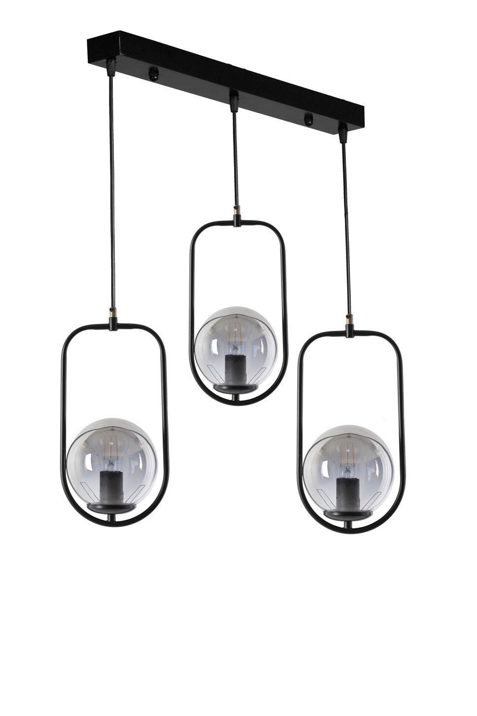 Suspension-plafonnier 3 globes ovale alignés Bulla 55x80cm Verre Gris fumé et Métal Noir
