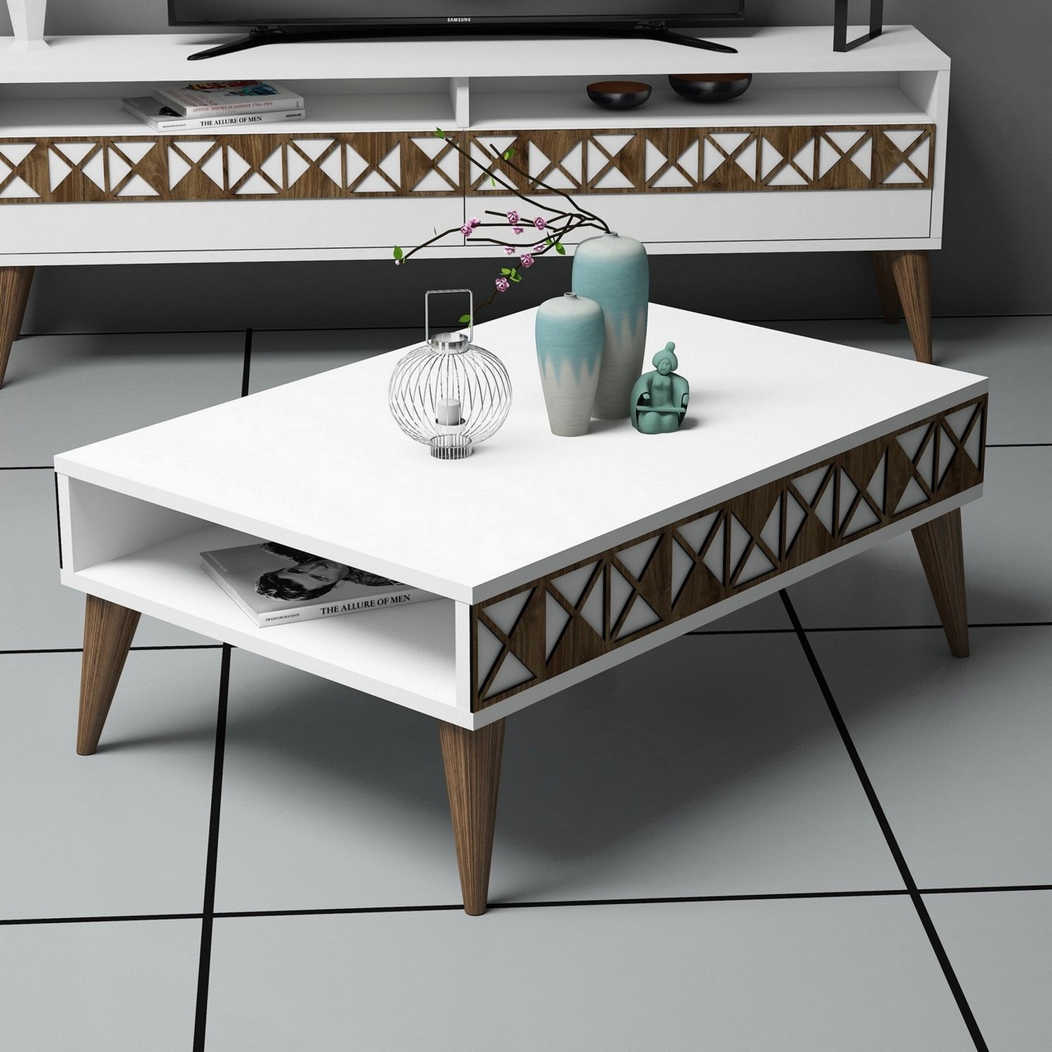 Table basse 1 compartiment Nakach 90x60cm Motif Géométrique Bois Blanc et Marron