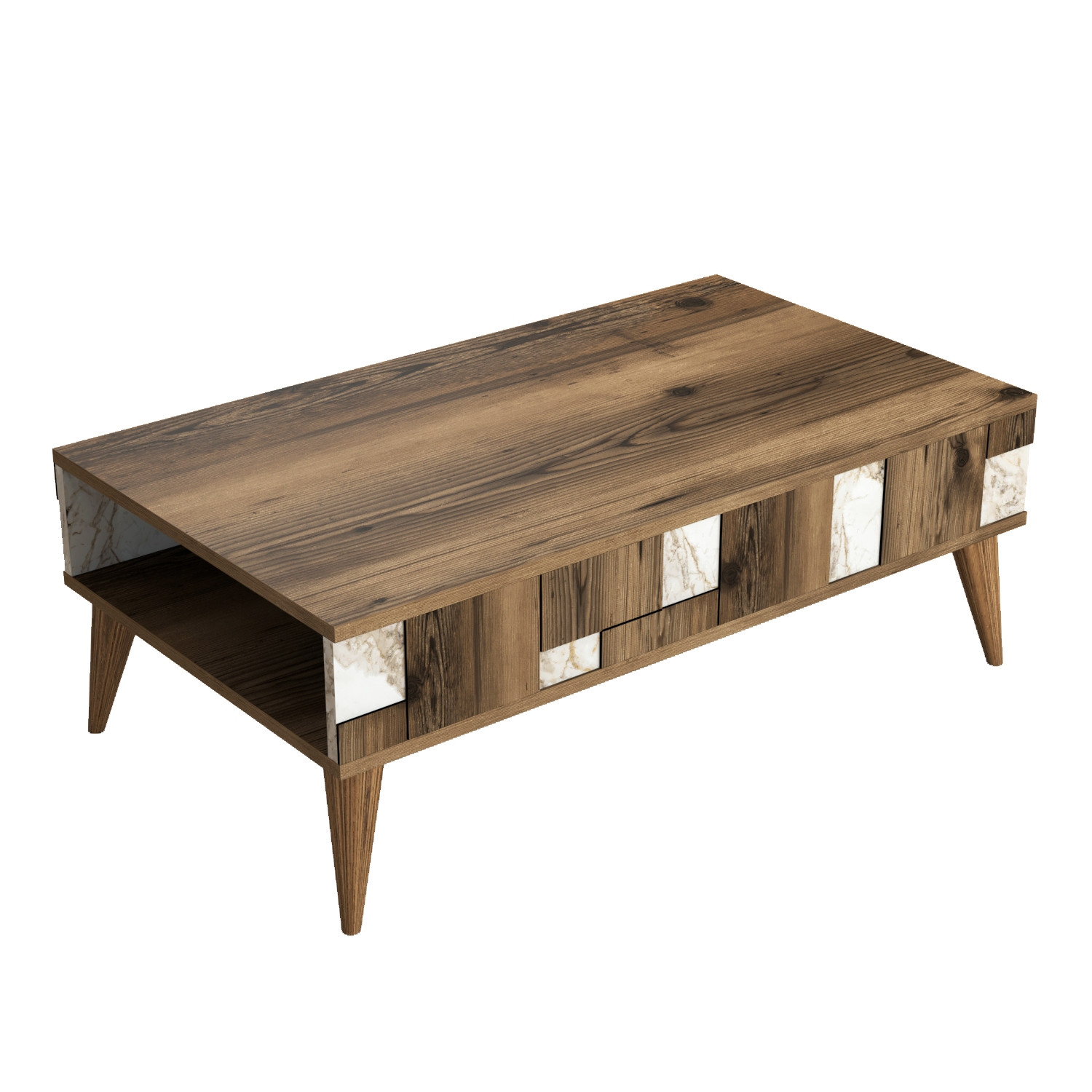 Table basse avec rangement Raga L105xP60cm Bois et Effet marbre Blanc