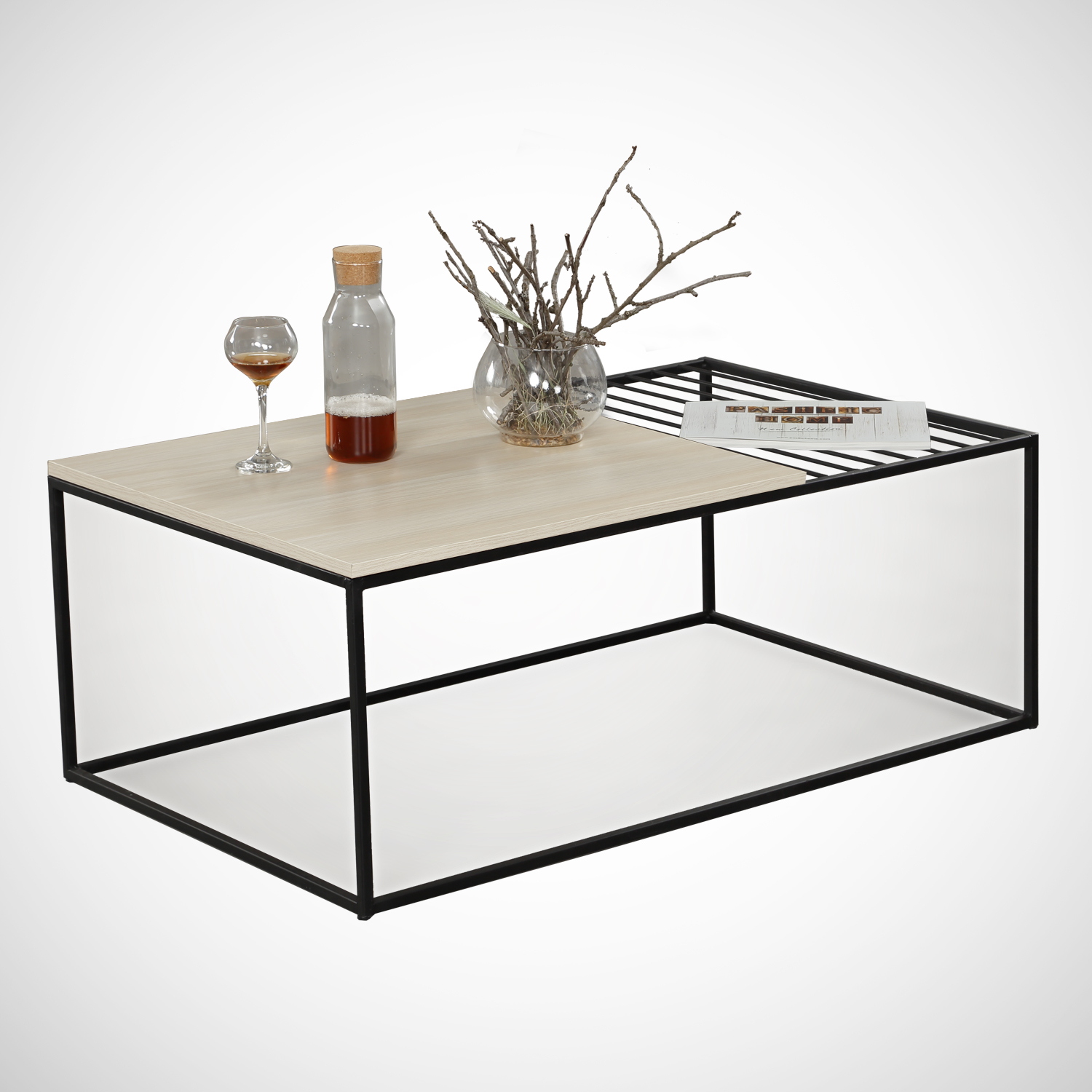 Table basse Conalo L95xP55cm Métal Noir et Bois chêne clair