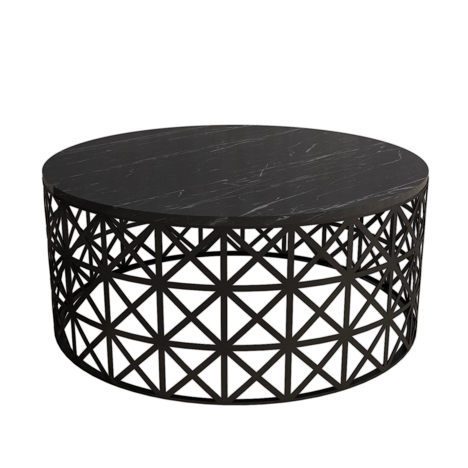 Table basse ovale Ellipticum support grille ajouré Bois Marbre Noir et Métal Noir