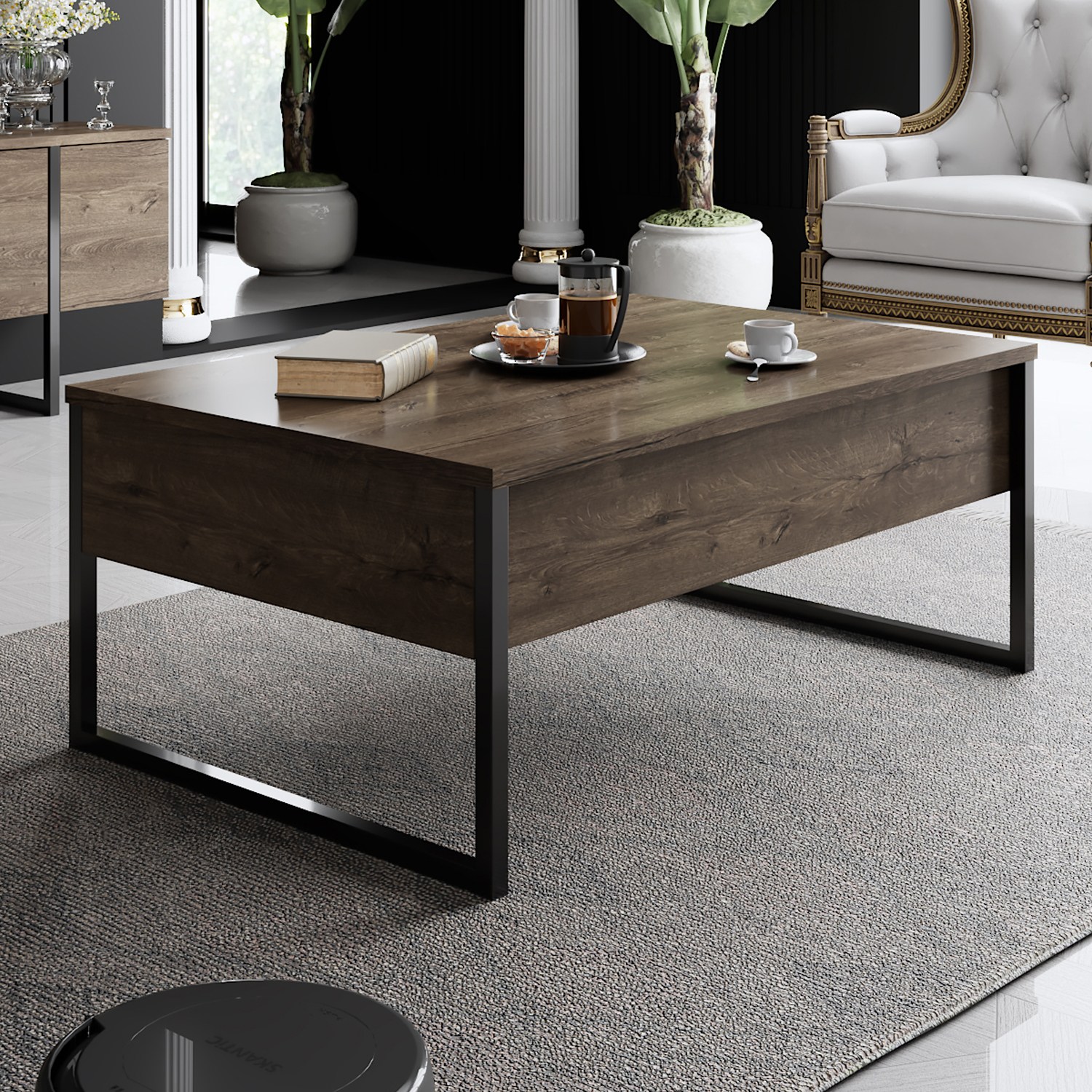 Table basse Sibylle 60x90cm Métal Noir et Bois foncé